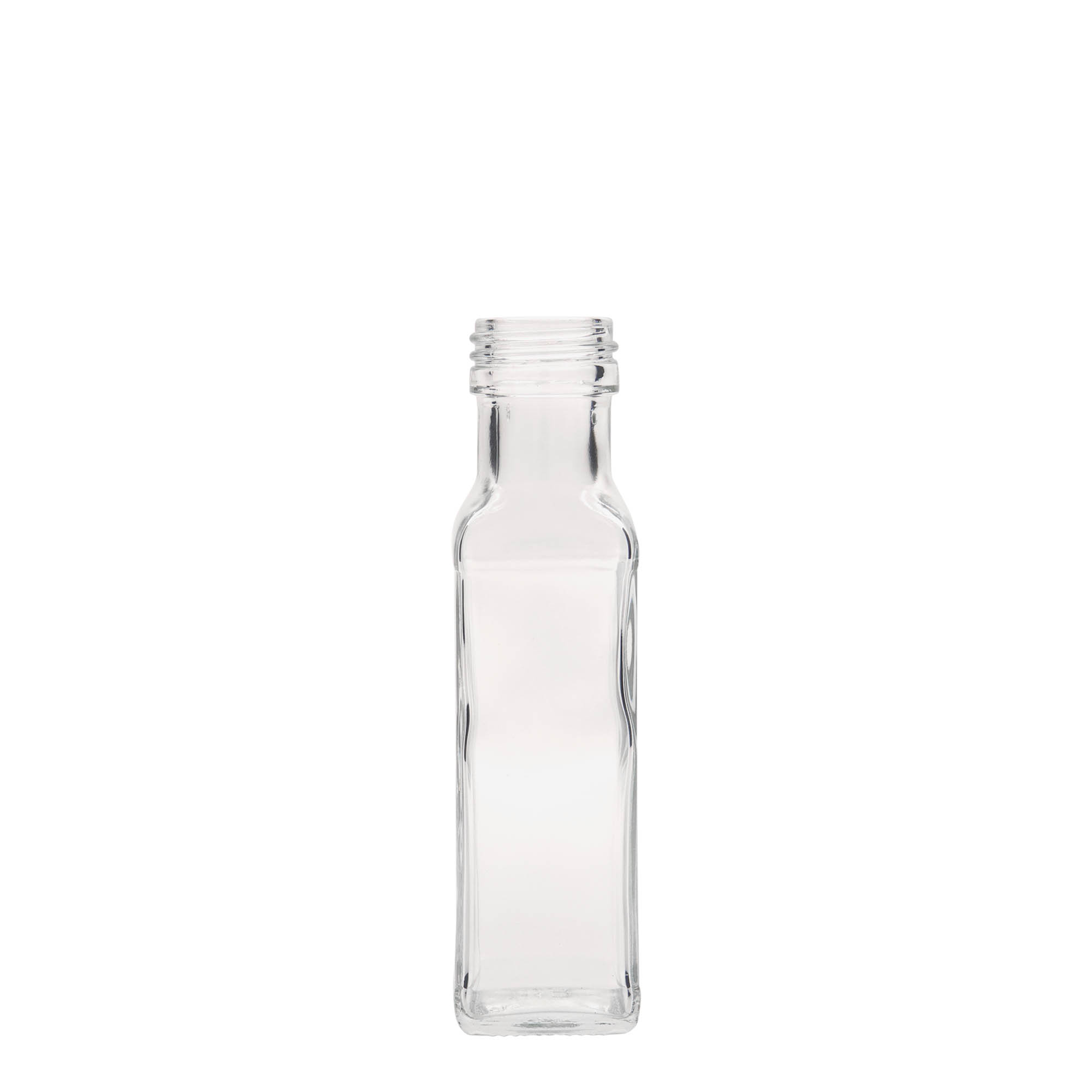 Bottiglia di vetro da 100 ml 'Marasca', quadrata, bocca: PP 31,5 Bottiglia di vetro da 100 ml 'Marasca', quadrata, bocca: PP 31,5
