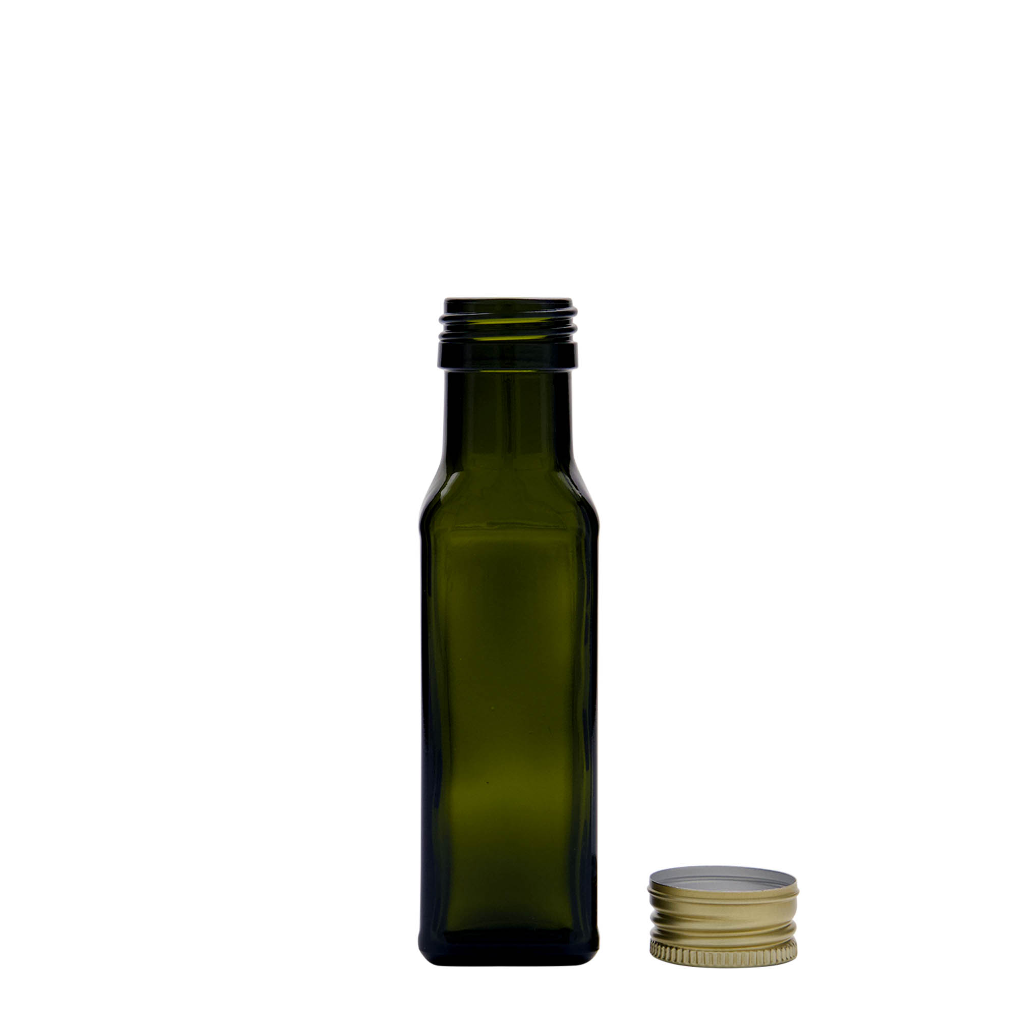 Bottiglia di vetro da 100 ml 'Marasca', quadrata, verde antico, bocca: PP 31,5 Bottiglia di vetro da 100 ml 'Marasca', quadrata, verde antico, bocca: PP 31,5