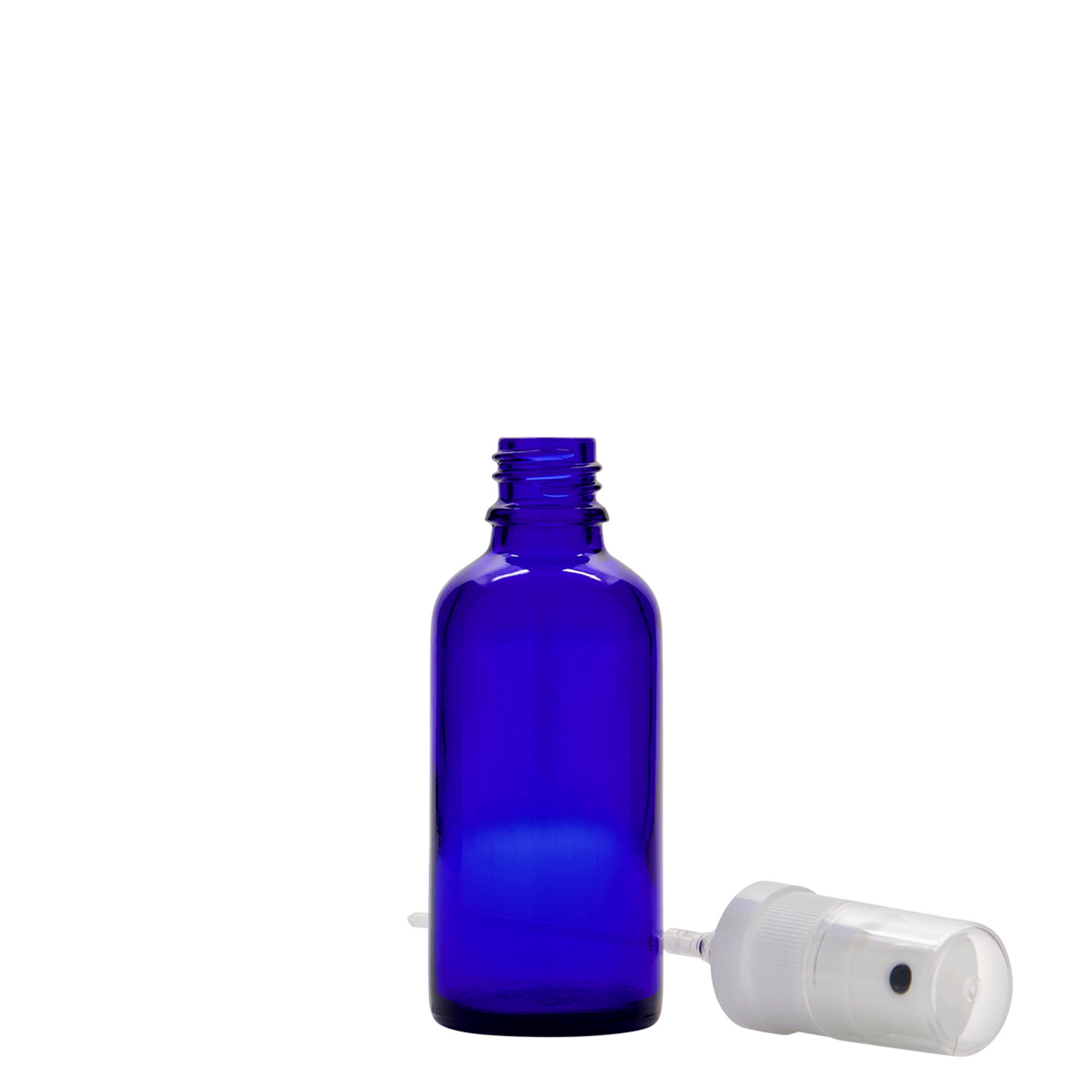 50 ml flacone spray medicina, vetro, blu reale, bocca: DIN 18