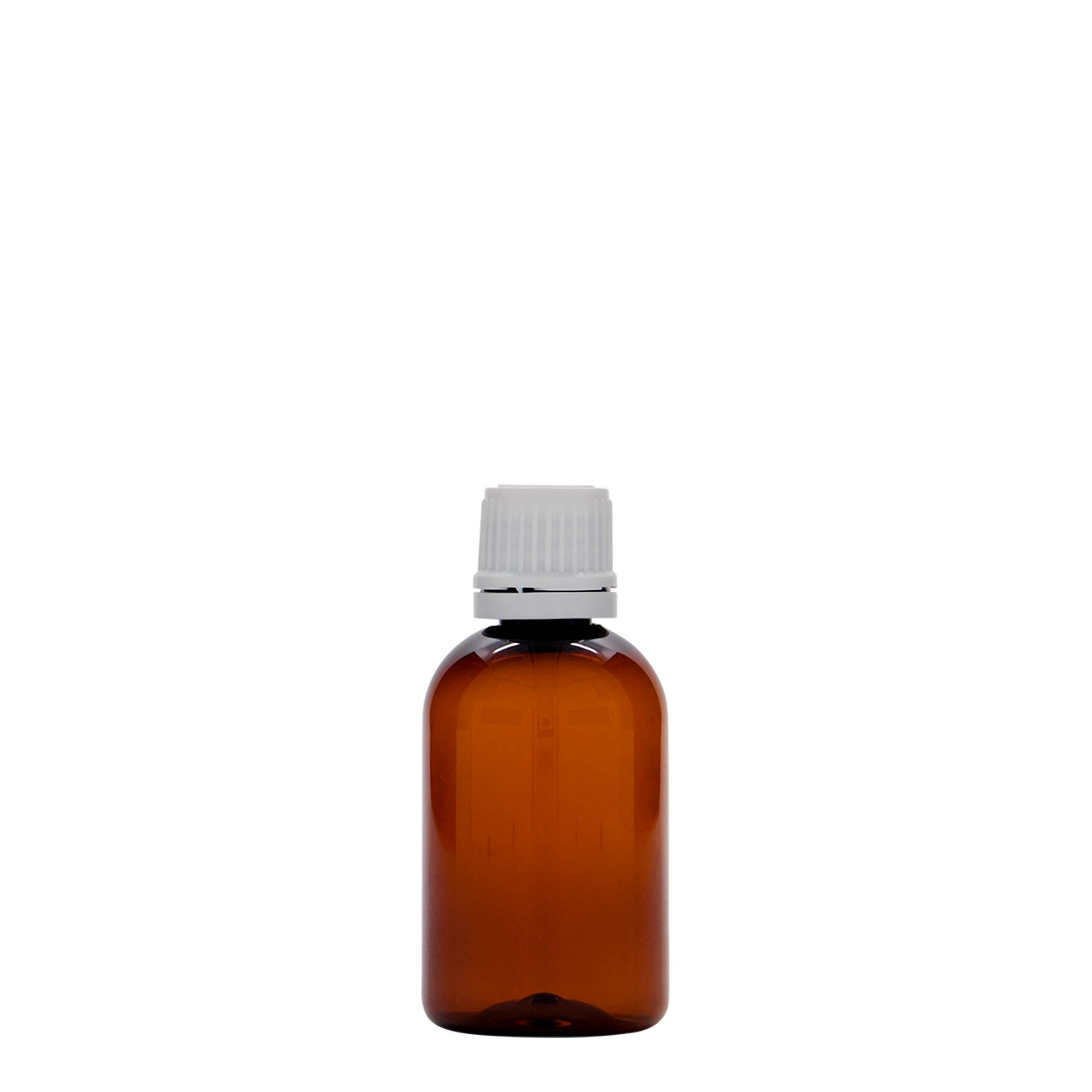 50 ml bottiglia medica in PET 'Easy Living', marrone, plastica, bocca: DIN 18
