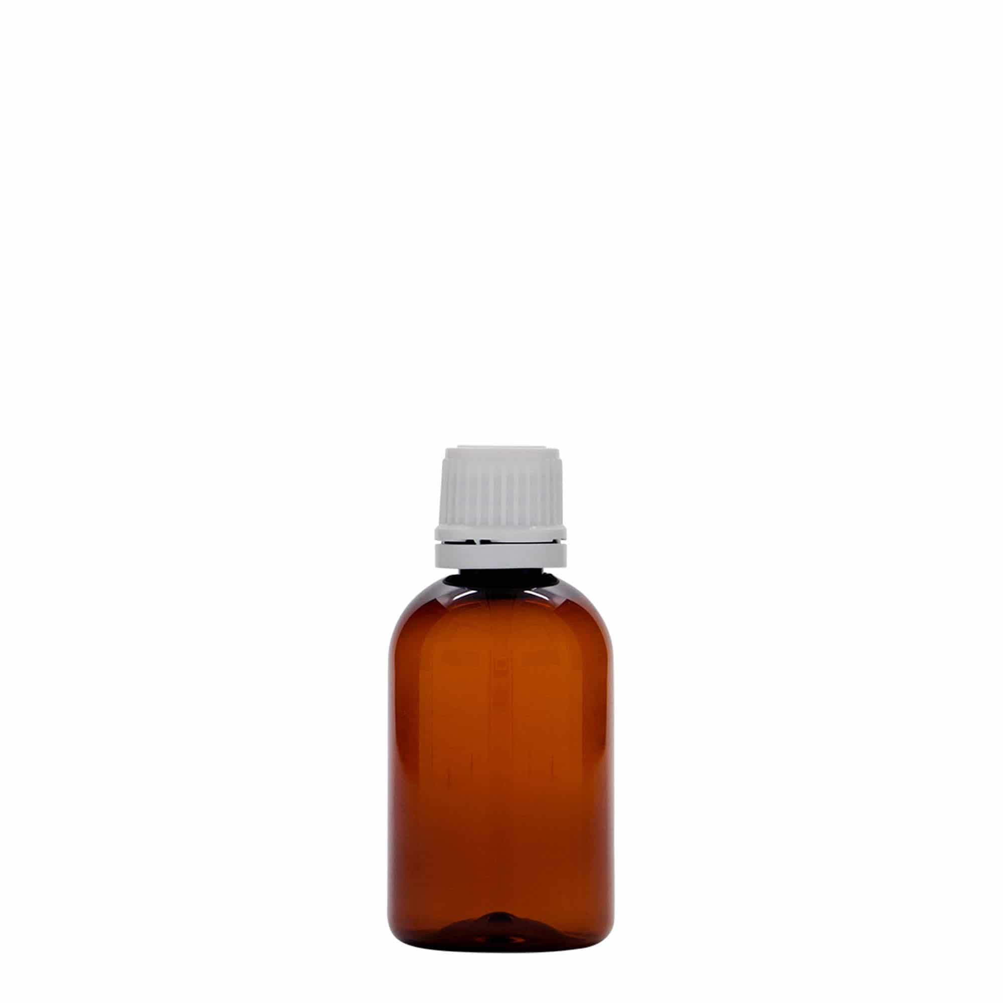 50 ml bottiglia medica in PET 'Easy Living', marrone, plastica, bocca: DIN 18