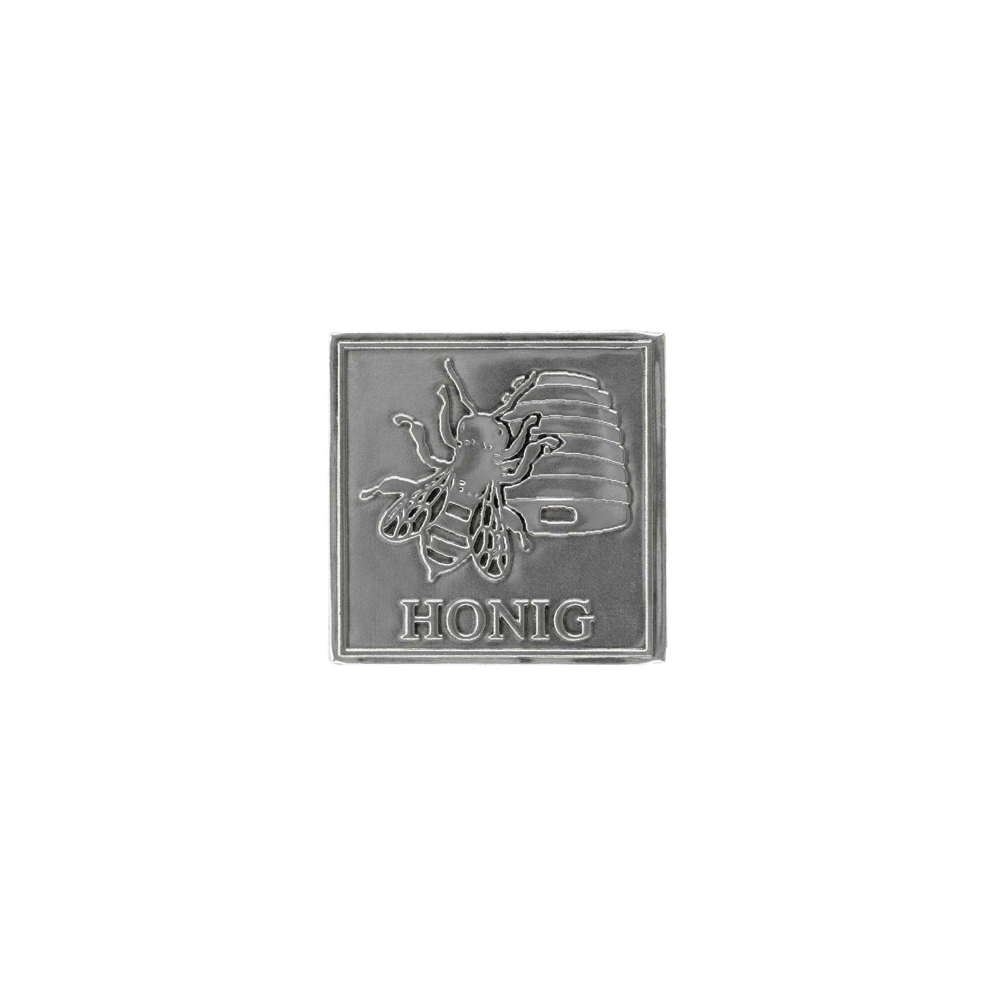 Etichetta in stagno 'Miele', quadrata, metallo, argento Etichetta in stagno 'Miele', quadrata, metallo, argento