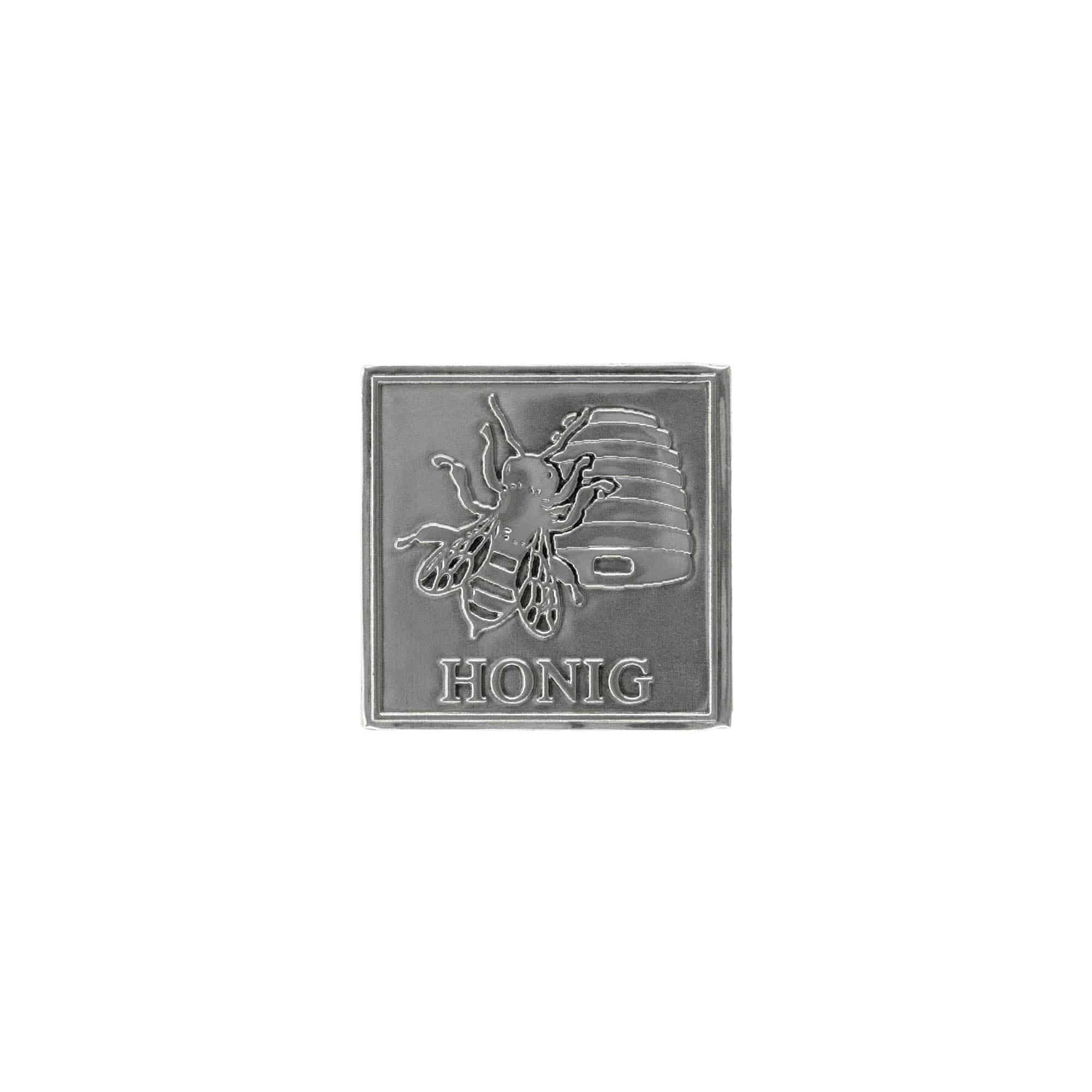 Etichetta in stagno 'Miele', quadrata, metallo, argento