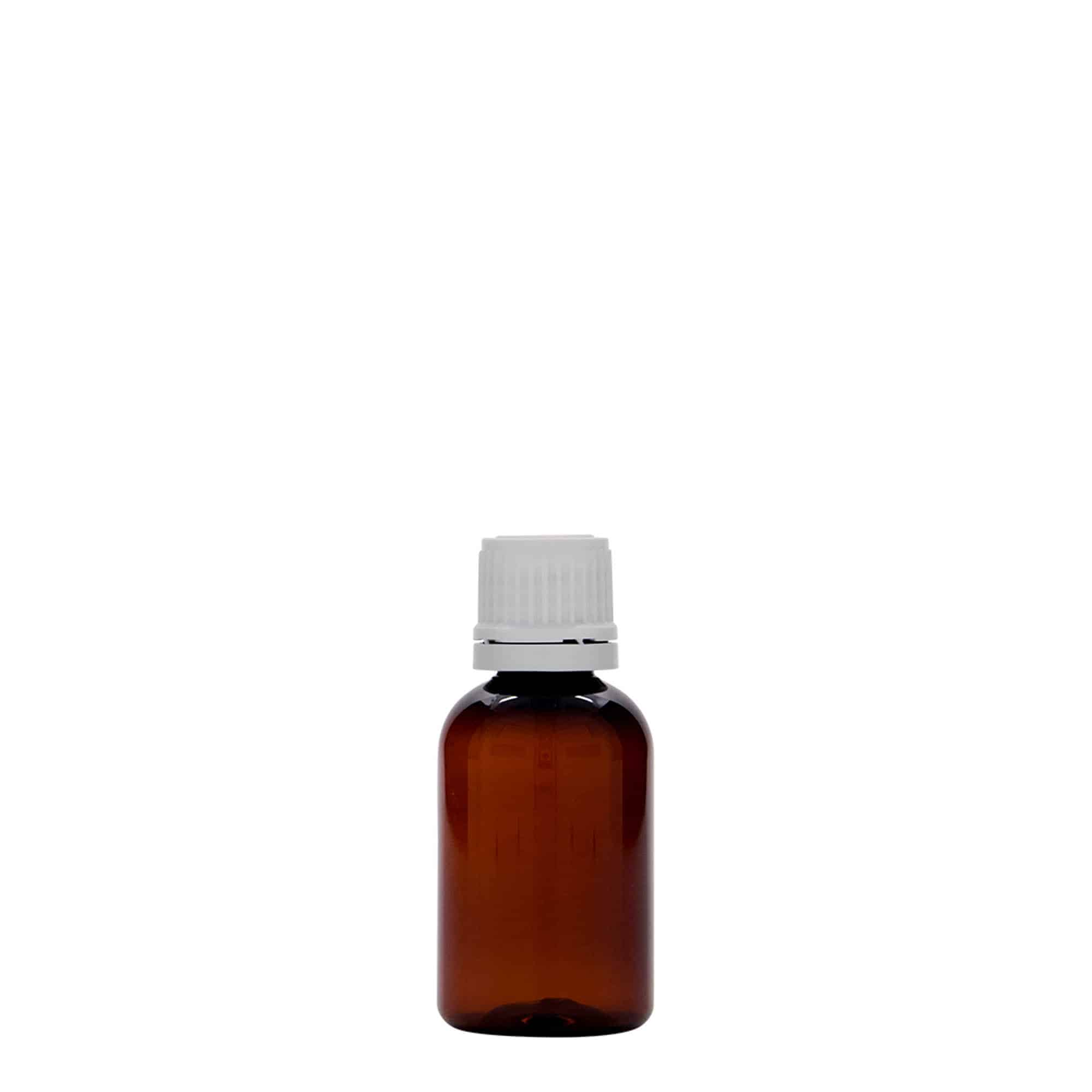 30 ml flacone medico in PET 'Easy Living', marrone, plastica, bocca: DIN 18