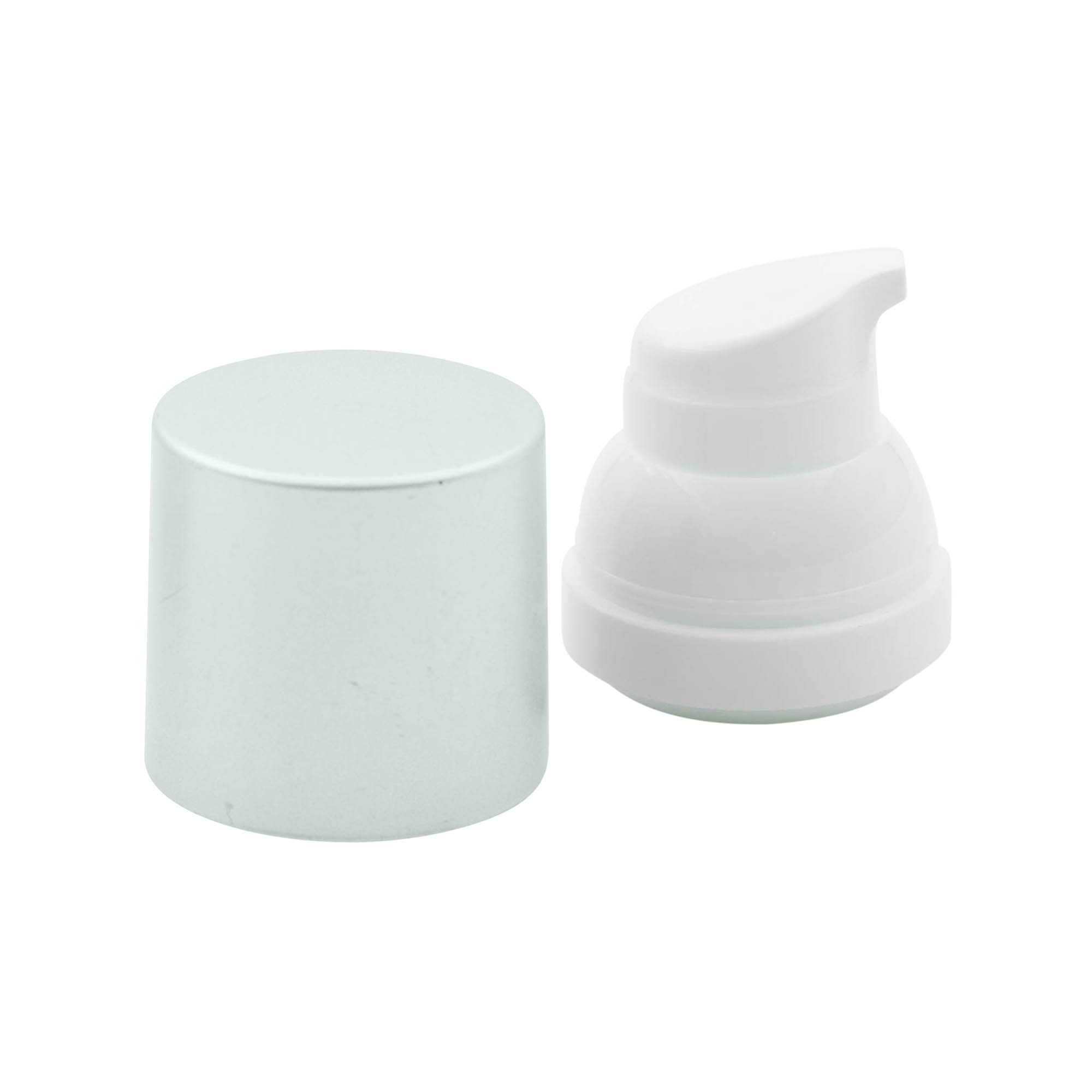 Testa pompa dispenser airless „Mezzo“, tipo D, plastica PP, bianca con tappo metallizzato opaco argento