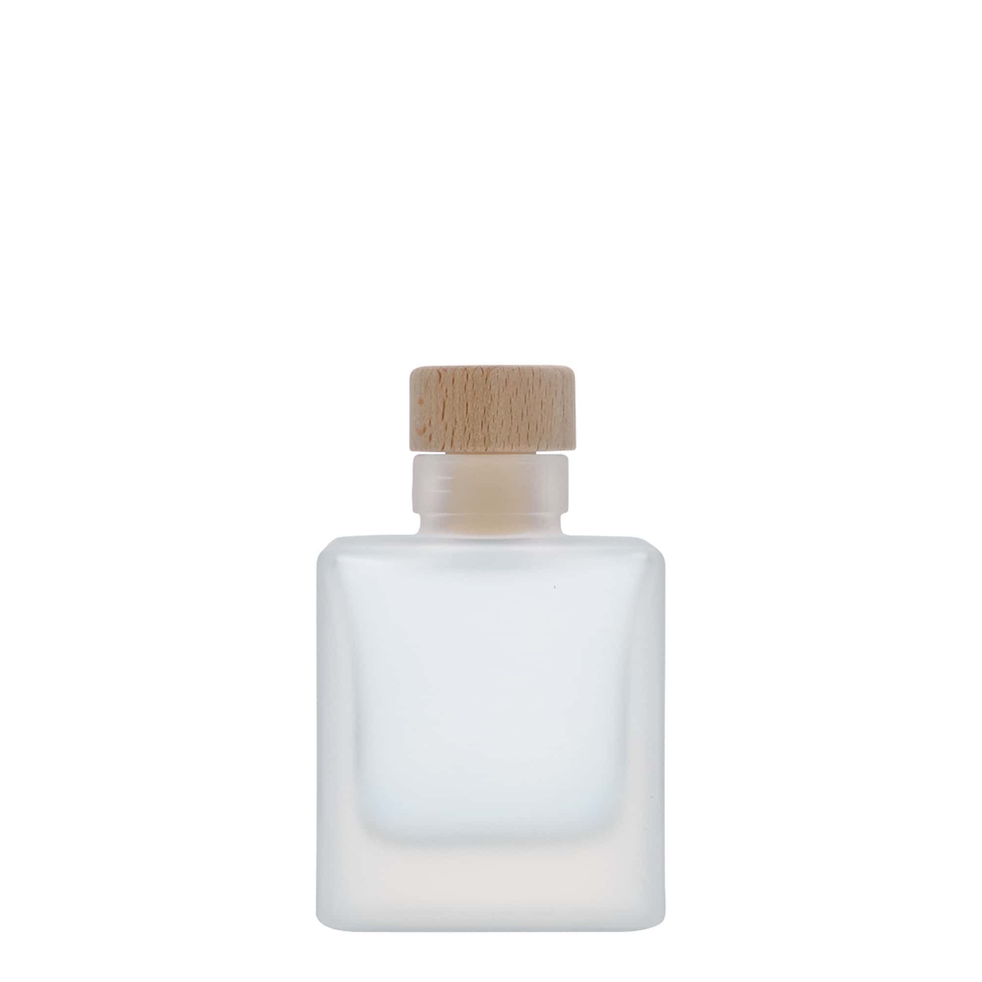 Bottiglia di vetro da 100 ml 'Cube', quadrata, ghiacciata, bocca: sughero Bottiglia di vetro da 100 ml 'Cube', quadrata, ghiacciata, bocca: sughero