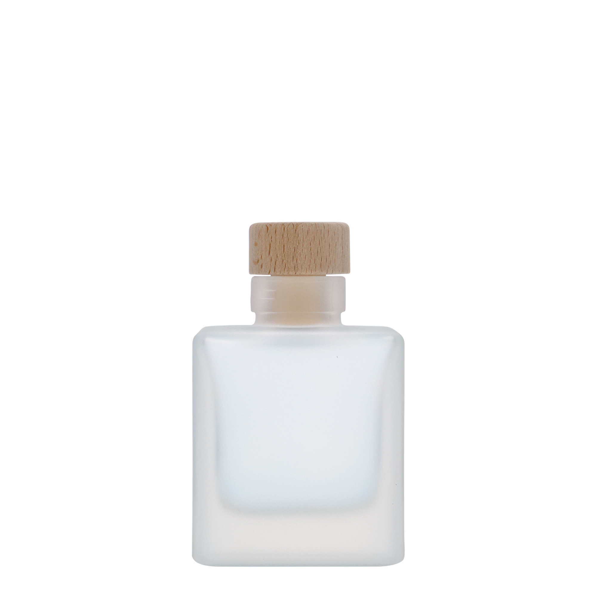 Bottiglia di vetro da 100 ml 'Cube', quadrata, ghiacciata, bocca: sughero Bottiglia di vetro da 100 ml 'Cube', quadrata, ghiacciata, bocca: sughero