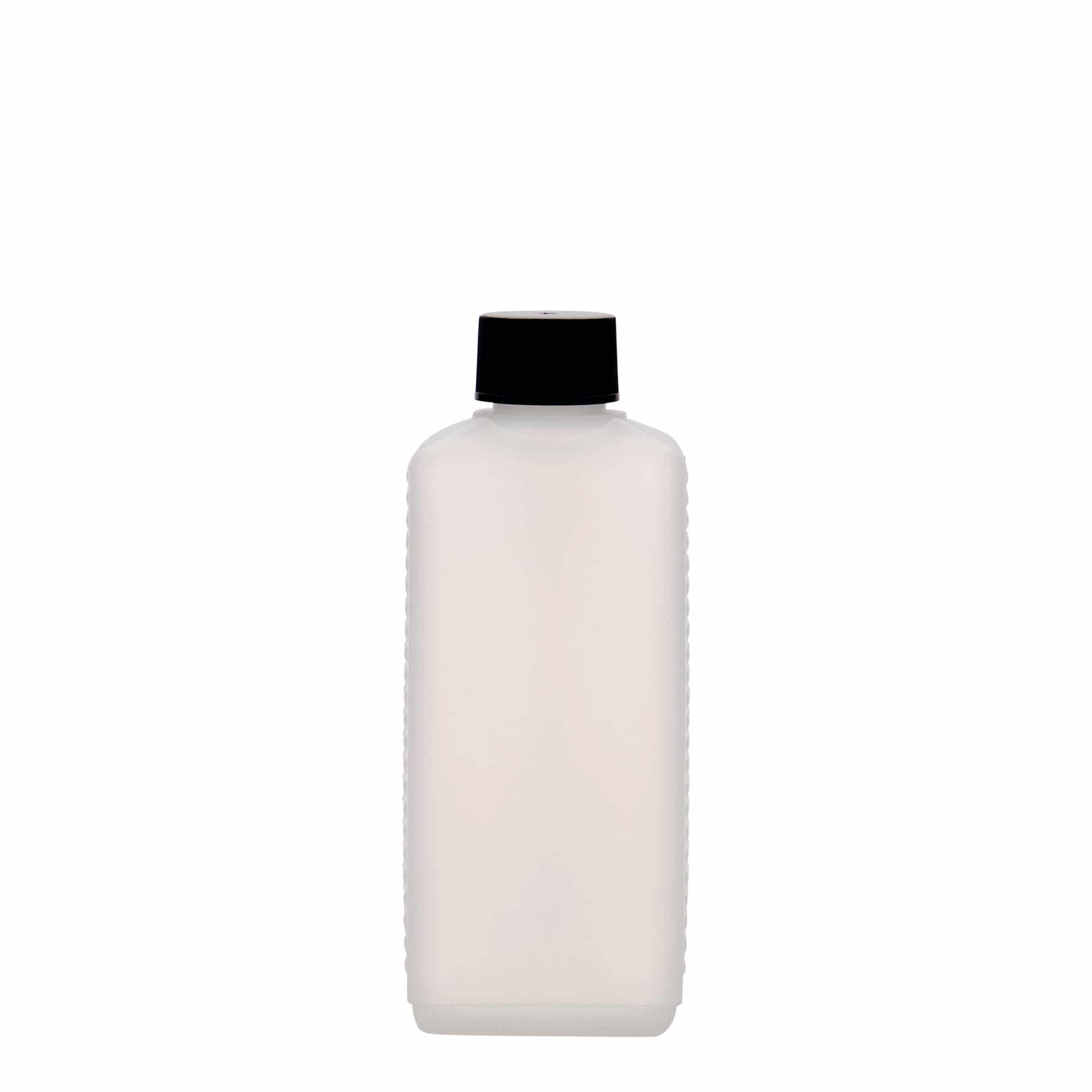 Bottiglia a tanica da 250 ml, rettangolare, plastica HDPE, naturale, bocca: DIN 25 EPE