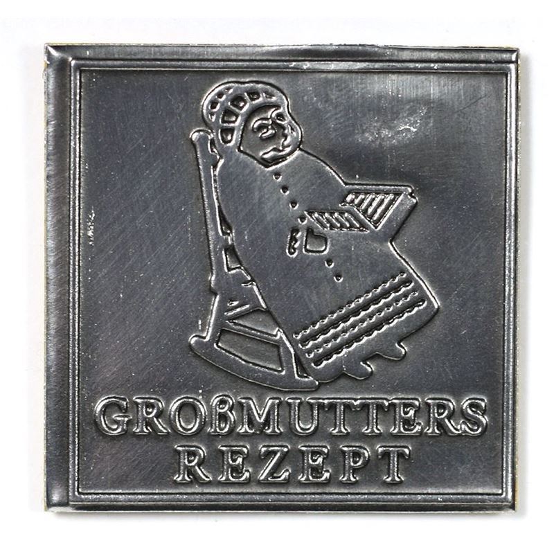 Etichetta metallica 'Ricetta della nonna', quadrata, in stagno, argento
