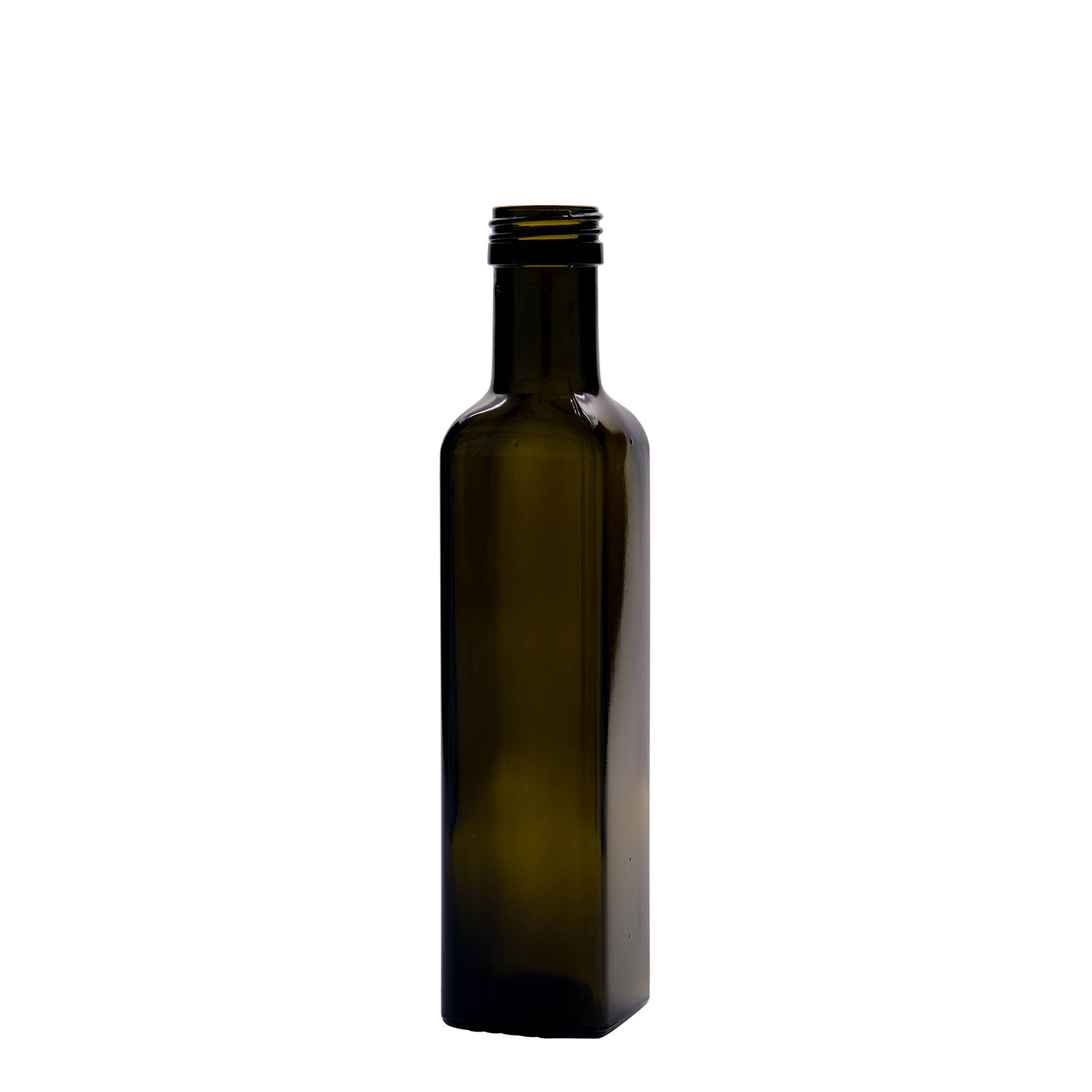 Bottiglia di vetro da 250 ml 'Marasca', quadrata, verde antico, bocca: PP 31,5 Bottiglia di vetro da 250 ml 'Marasca', quadrata, verde antico, bocca: PP 31,5