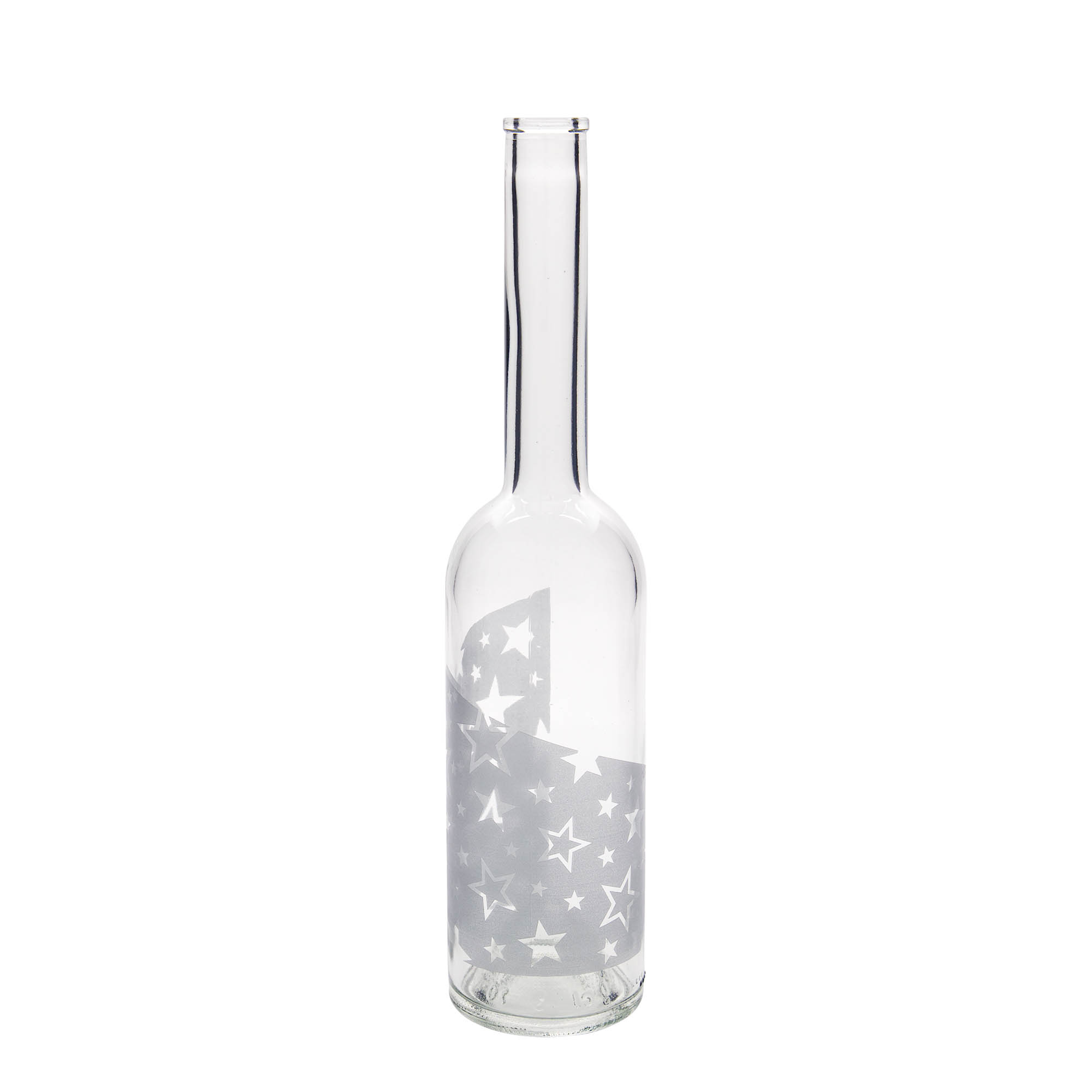Bottiglia di vetro da 500 ml 'Opera', motivo: stelle d'argento, bocca: sughero Bottiglia di vetro da 500 ml 'Opera', motivo: stelle d'argento, bocca: sughero