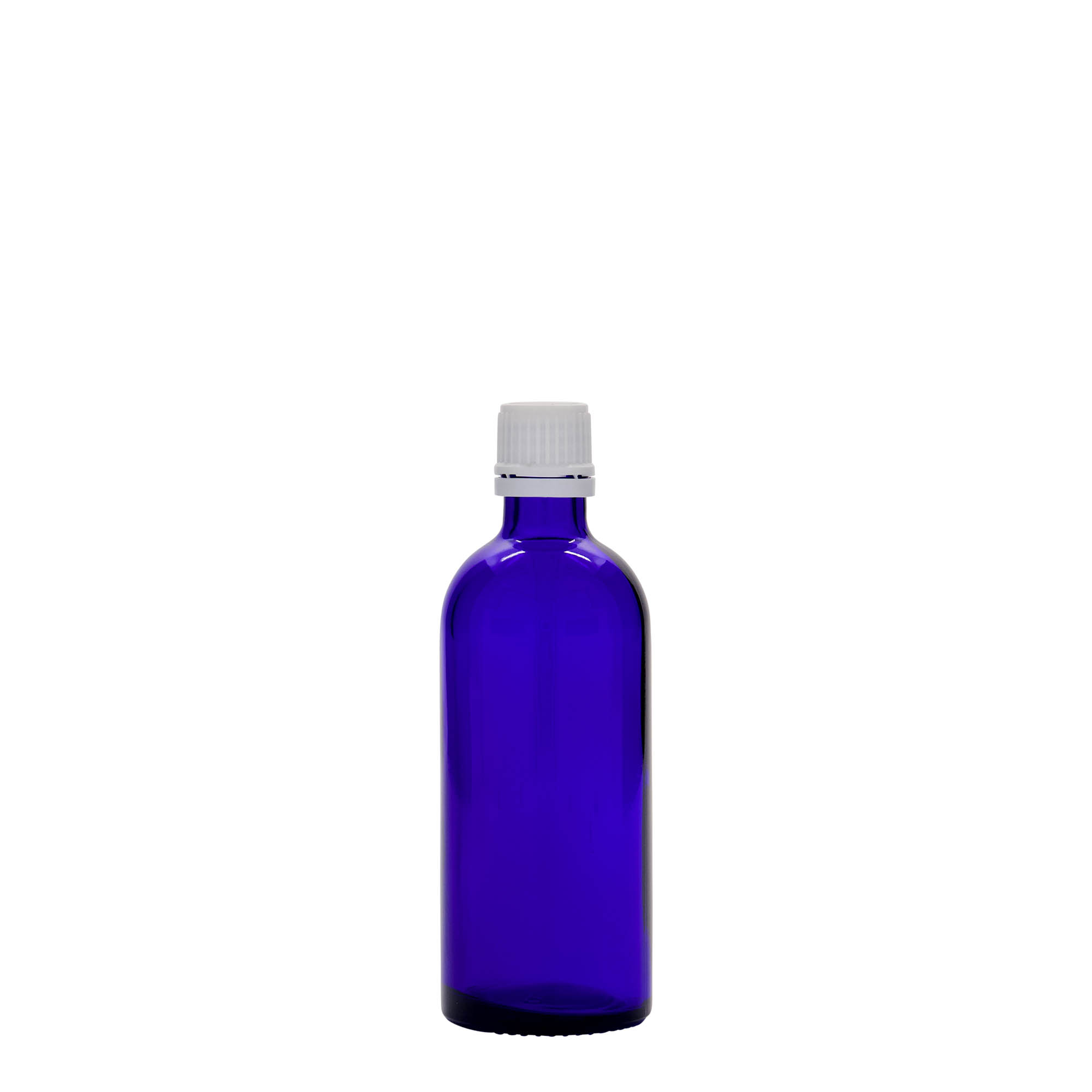 100 ml bottiglia medicinale, vetro, blu reale, bocca: DIN 18