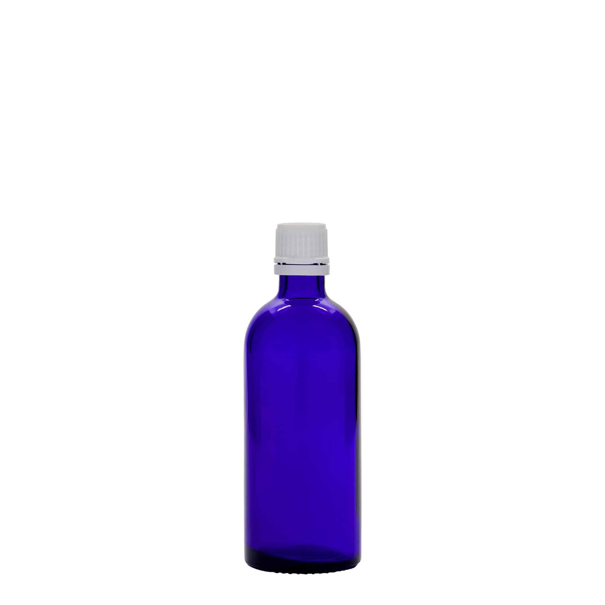 100 ml bottiglia medicinale, vetro, blu reale, bocca: DIN 18