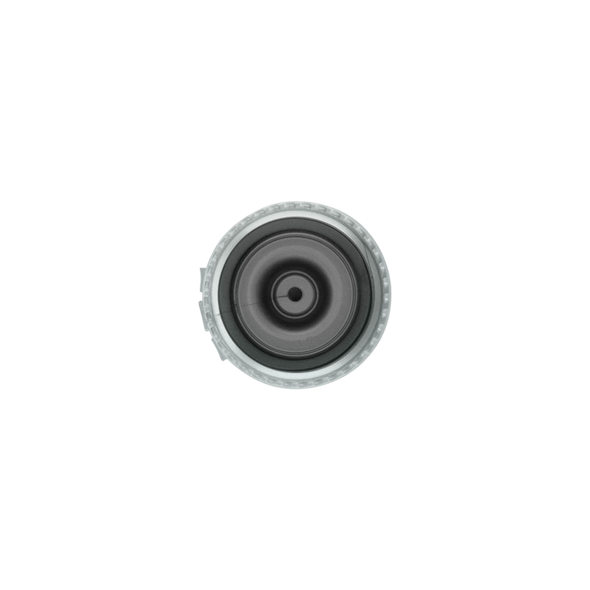 Tappo a vite con cerniera a ribalta, plastica PP, argento, per bocca: 24/410 Tappo a vite con cerniera a ribalta, plastica PP, argento, per bocca: 24/410