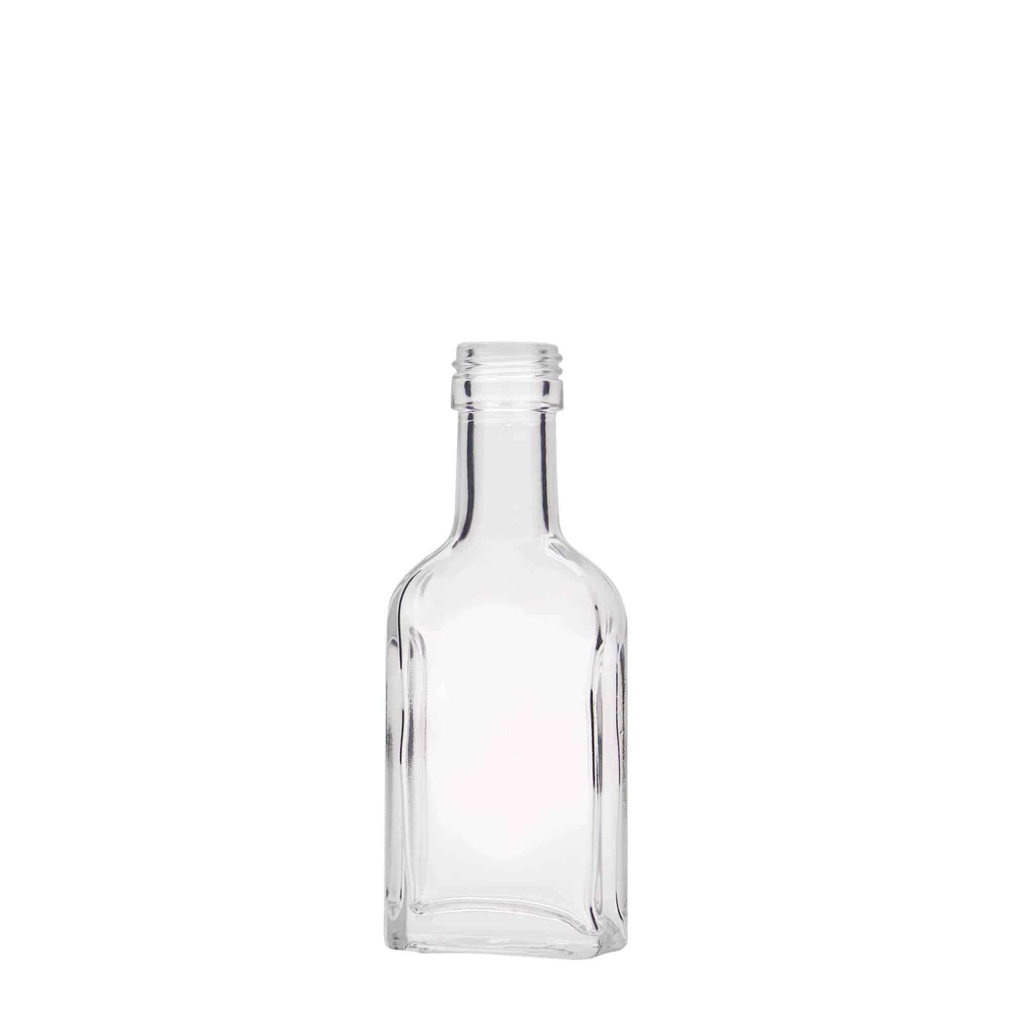 Bottiglia tascabile da 40 ml, collo lungo, rettangolare, vetro, bocca: PP 22 Bottiglia tascabile da 40 ml, collo lungo, rettangolare, vetro, bocca: PP 22