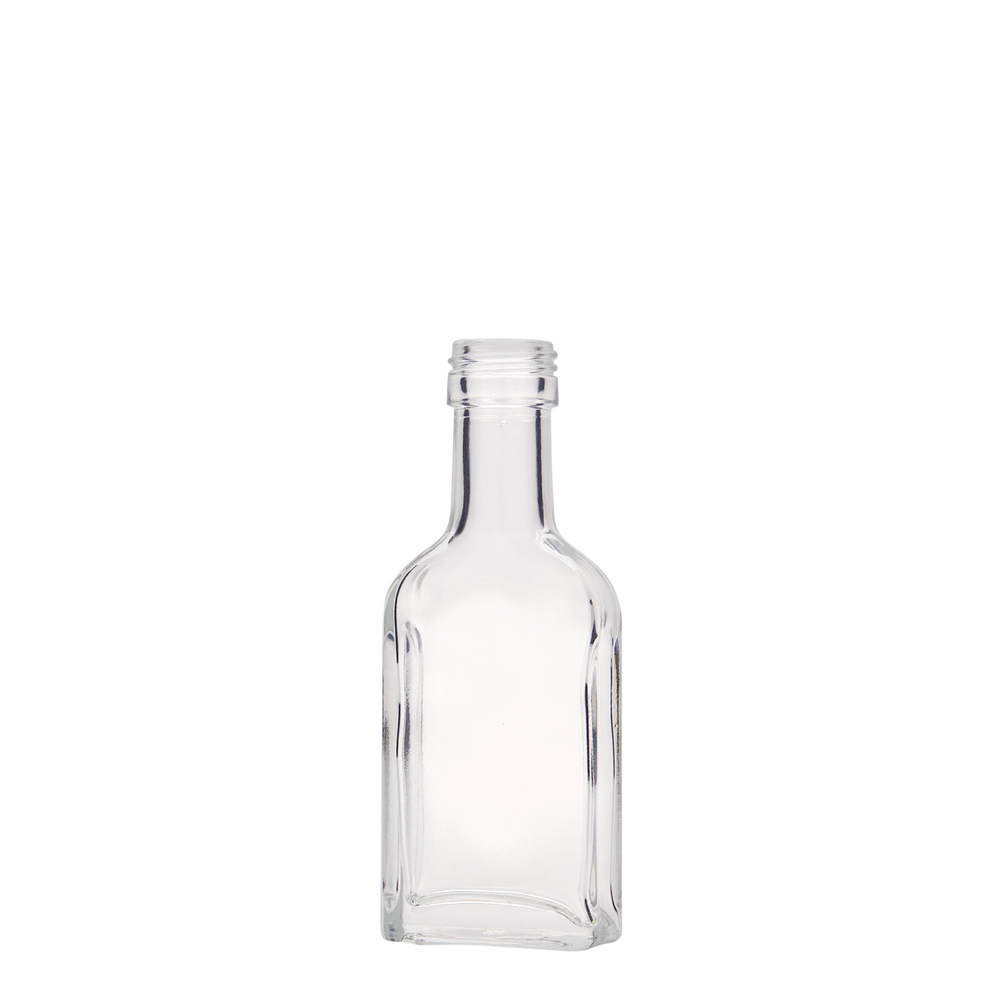 Bottiglia tascabile da 40 ml, collo lungo, rettangolare, vetro, bocca: PP 22 Bottiglia tascabile da 40 ml, collo lungo, rettangolare, vetro, bocca: PP 22
