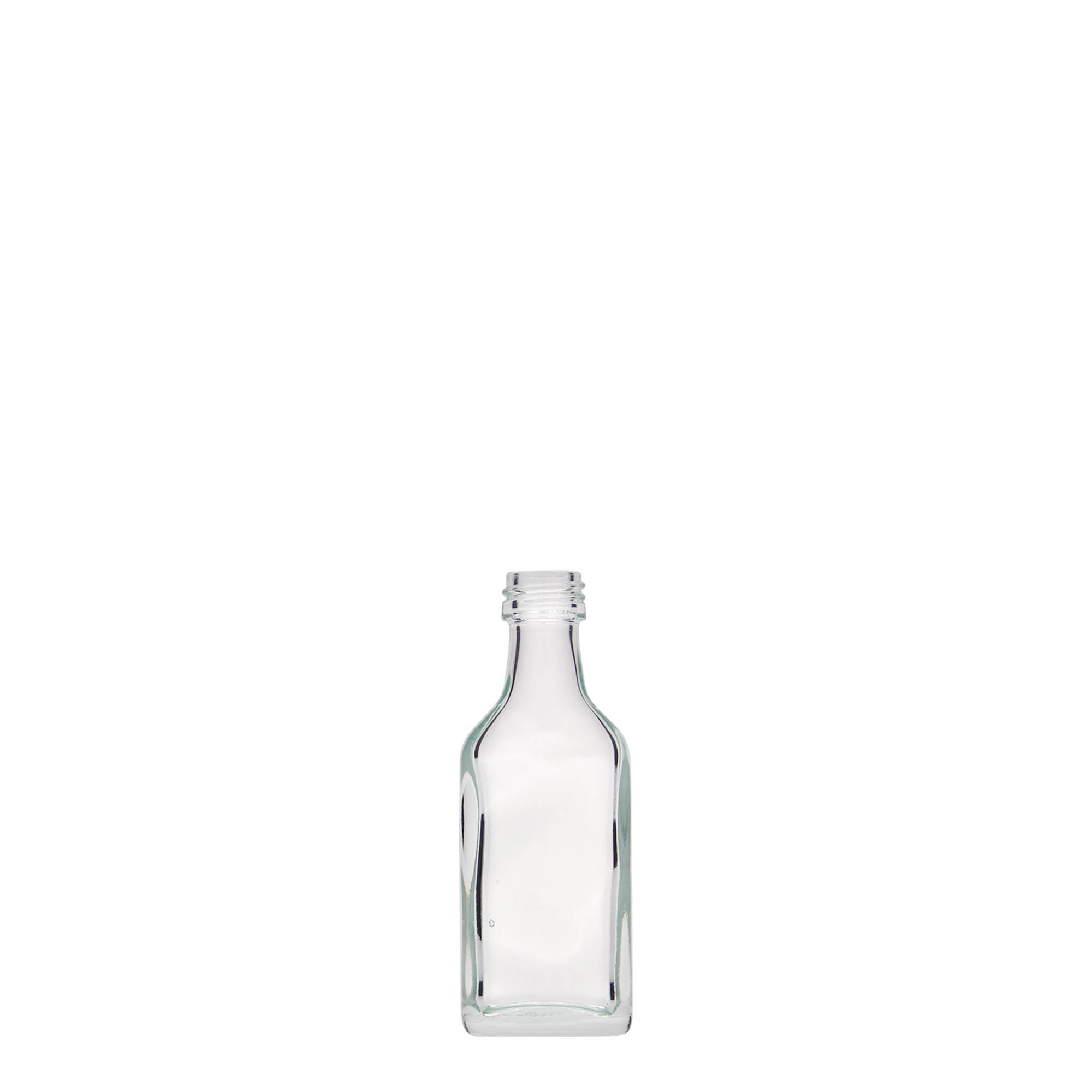 Bottiglia tascabile da 20 ml, rettangolare, vetro, bocca: PP 18 Bottiglia tascabile da 20 ml, rettangolare, vetro, bocca: PP 18