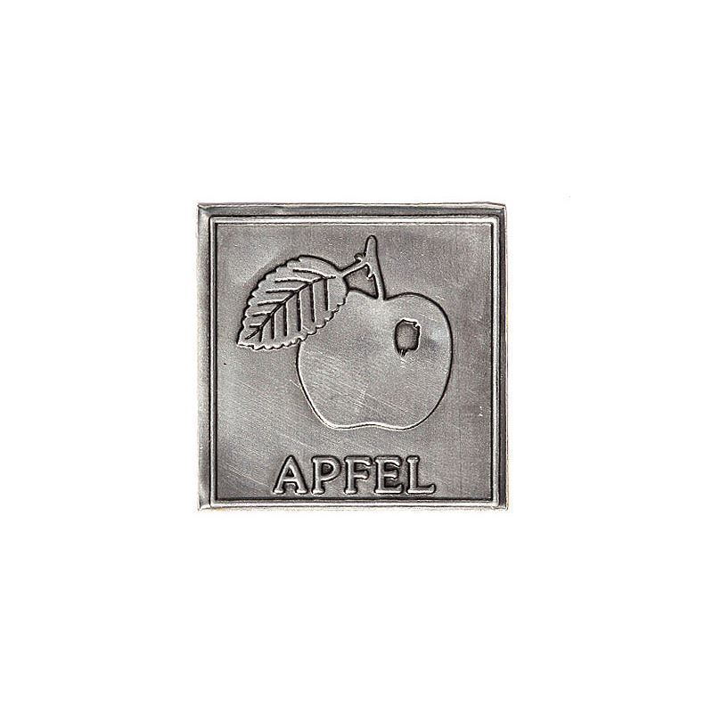 Etichetta in stagno 'Mela', quadrata, metallo, argento Etichetta in stagno 'Mela', quadrata, metallo, argento