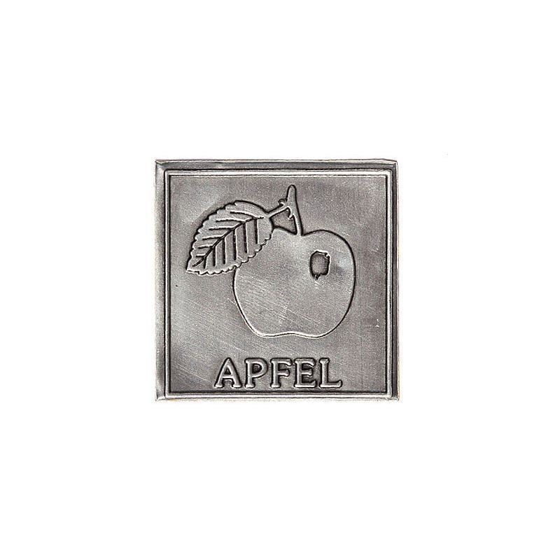 Etichetta in stagno 'Mela', quadrata, metallo, argento