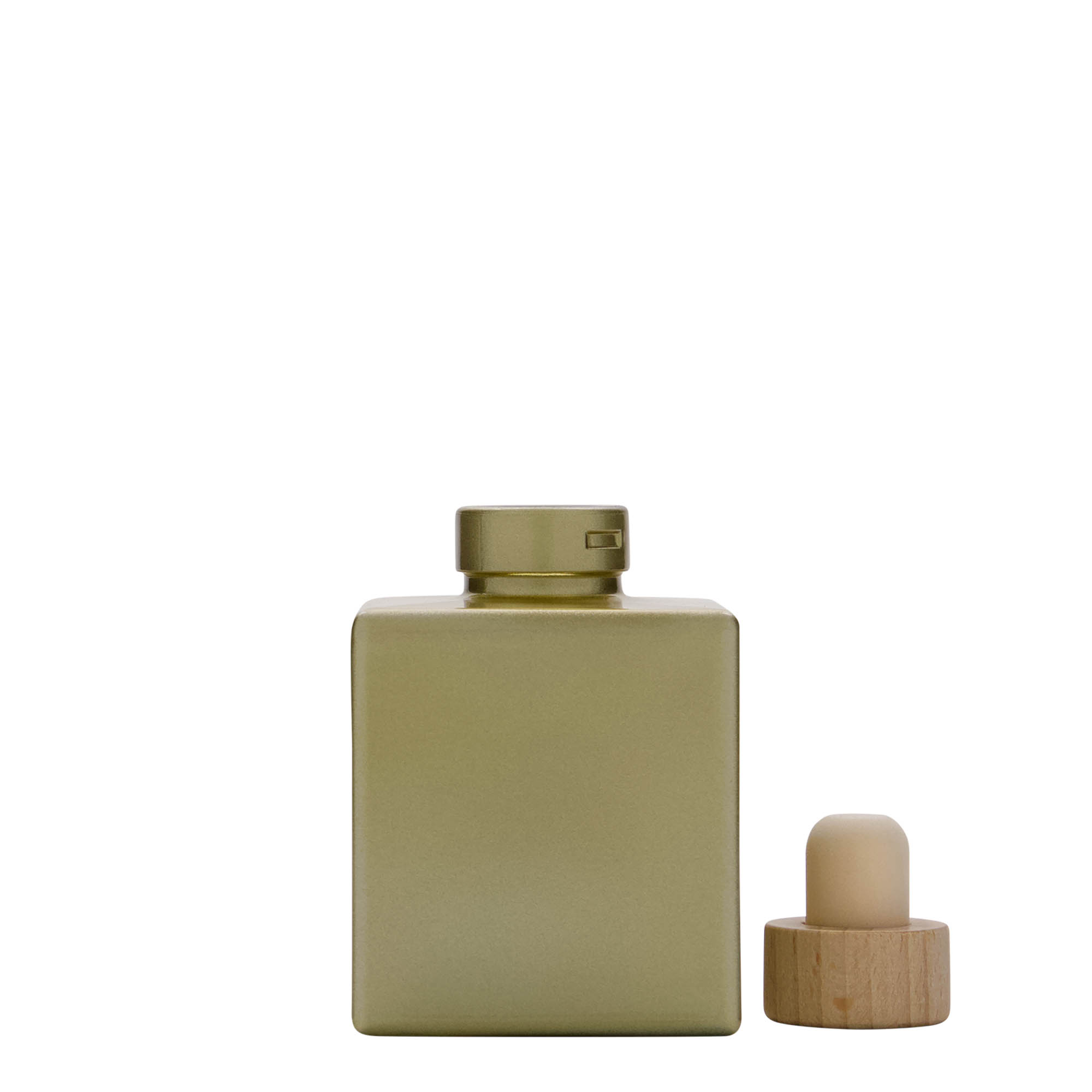Bottiglia di vetro da 100 ml 'Cube', quadrata, oro, bocca: sughero Bottiglia di vetro da 100 ml 'Cube', quadrata, oro, bocca: sughero