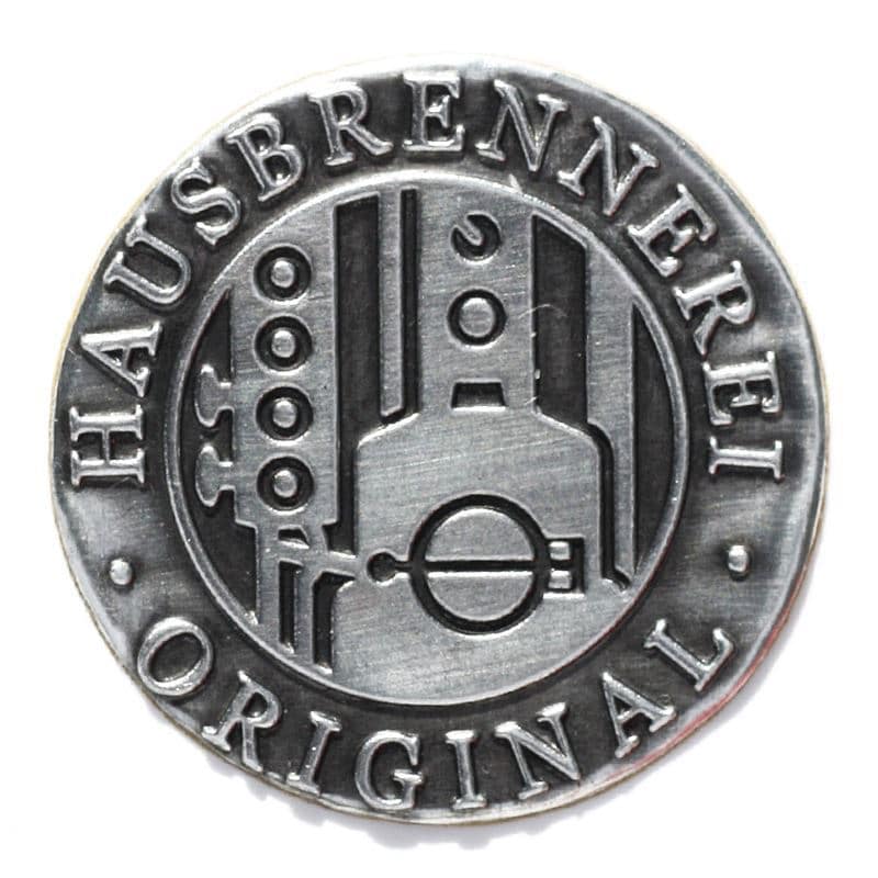 Etichetta metallica 'Distilleria domestica', rotonda, stagno, argento