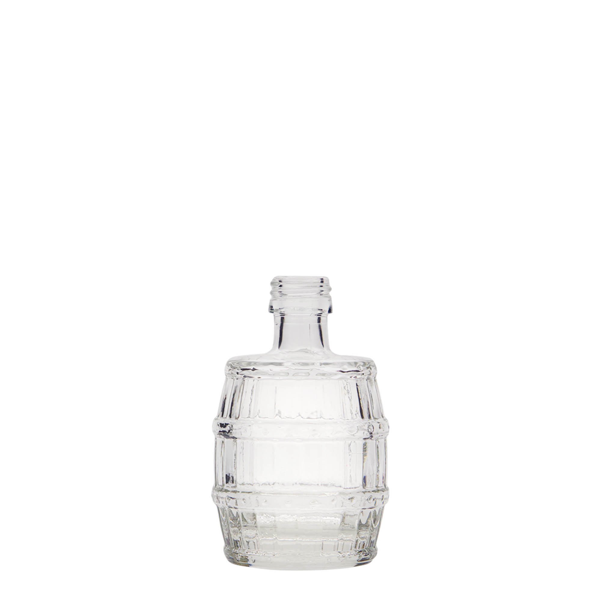 Bottiglia di vetro da 50 ml 'Barile', bocca: PP 18 Bottiglia di vetro da 50 ml 'Barile', bocca: PP 18
