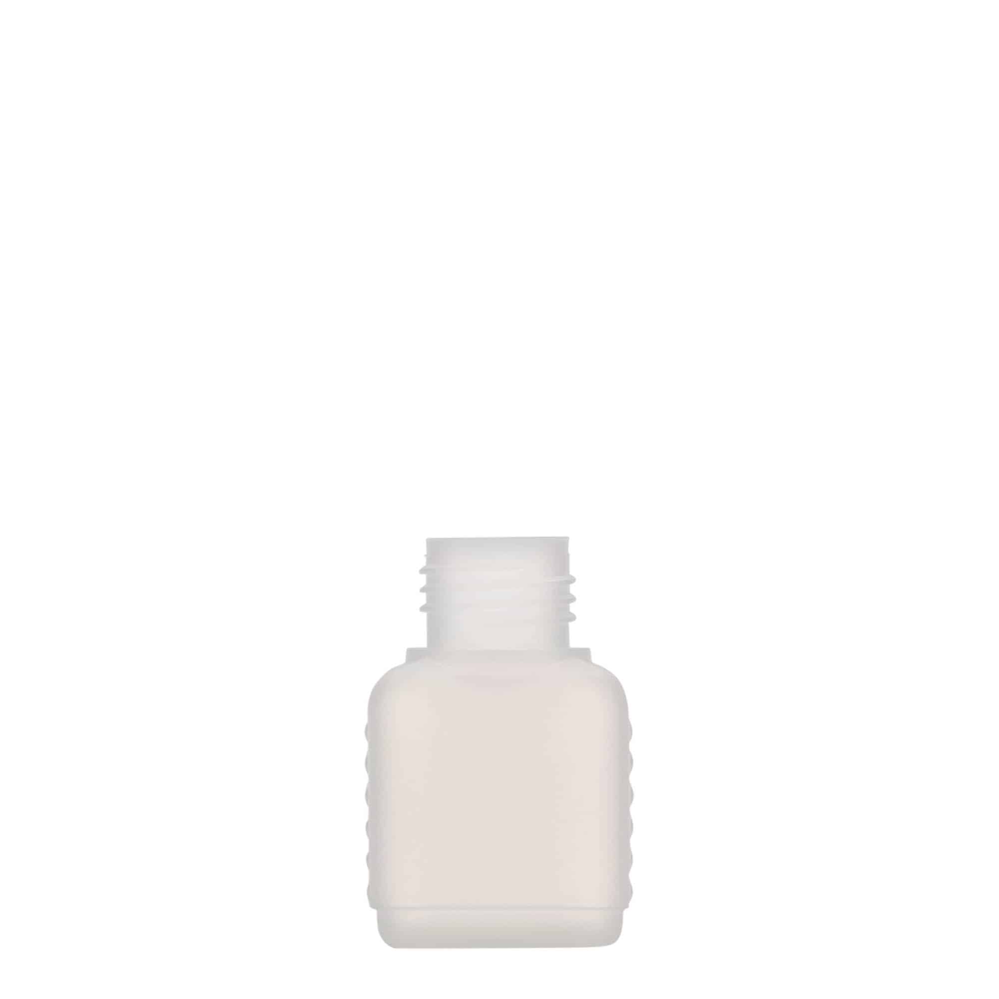 Flacone tanica da 50 ml, rettangolare, plastica HDPE, naturale, bocca: DIN 25
