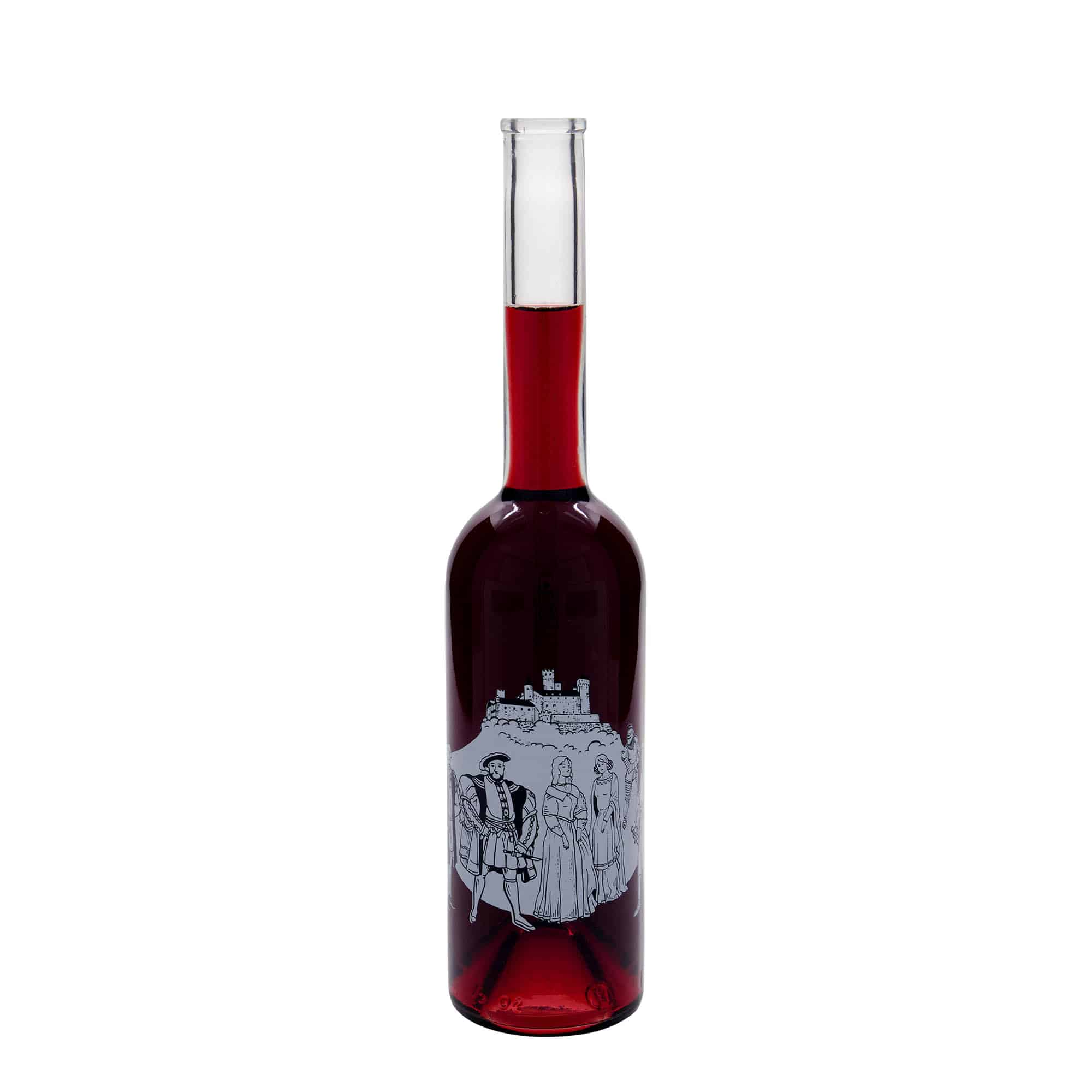 Bottiglia di vetro da 500 ml 'Opera', motivo: Medioevo, bocca: tappo di sughero Bottiglia di vetro da 500 ml 'Opera', motivo: Medioevo, bocca: tappo di sughero