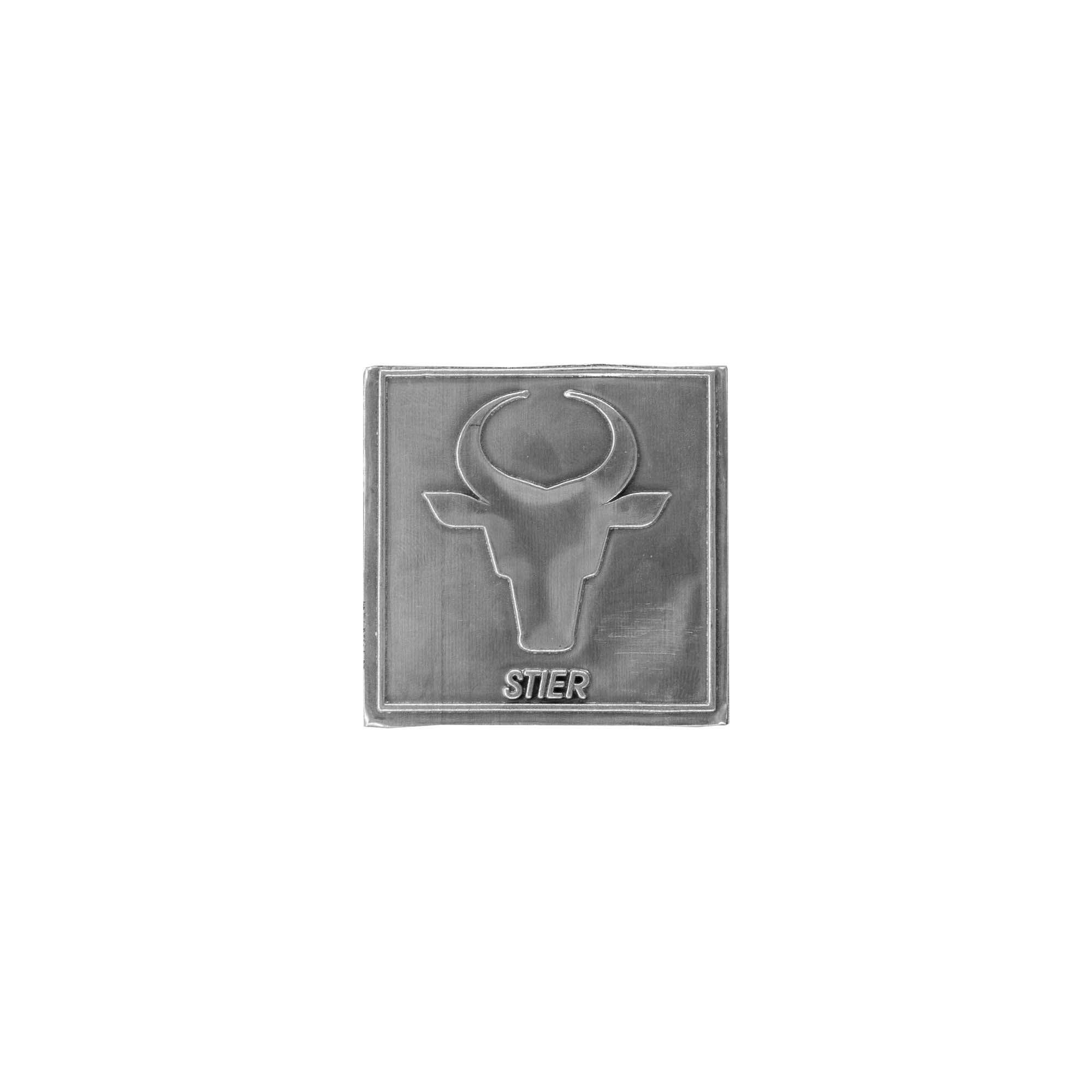 Etichetta in stagno 'Toro', quadrata, metallo, argento Etichetta in stagno 'Toro', quadrata, metallo, argento