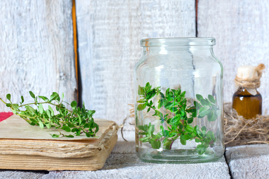 Immagine d'atmosfera: un barattolo con tappo a vite è pieno di erbe