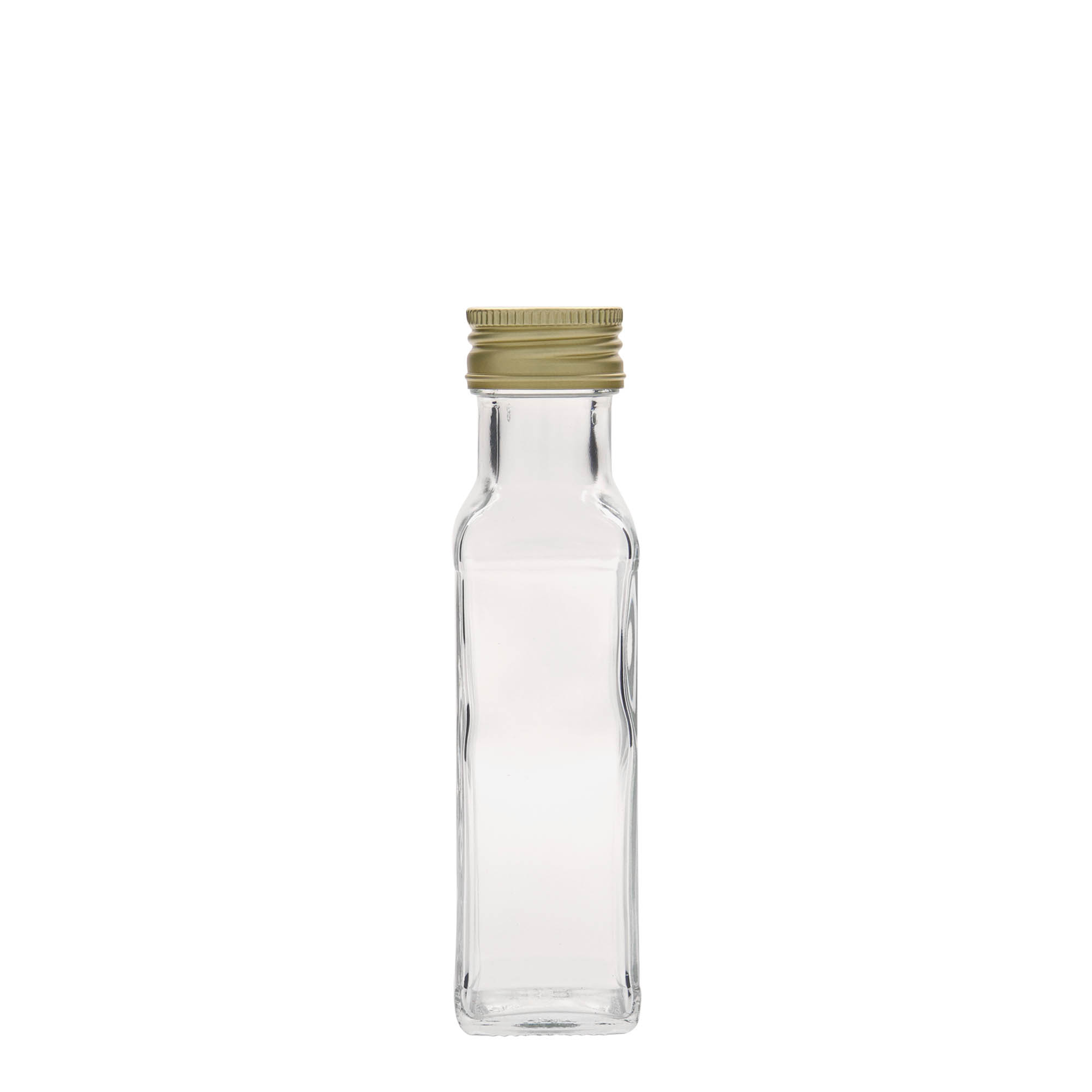 Bottiglia di vetro da 100 ml 'Marasca', quadrata, bocca: PP 31,5 Bottiglia di vetro da 100 ml 'Marasca', quadrata, bocca: PP 31,5
