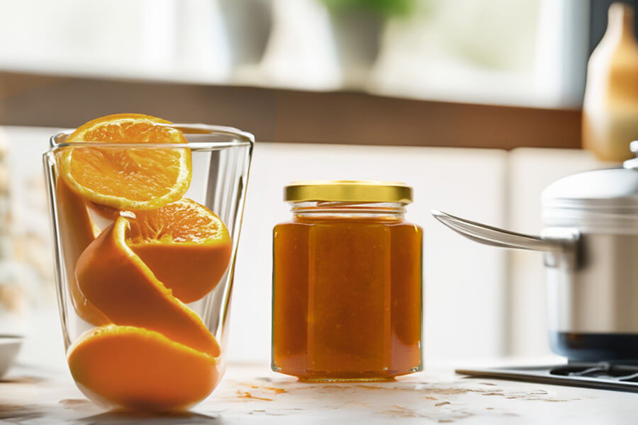 Marmellata di arance Immagine d'atmosfera: un barattolo di marmellata di arance fatto in casa e la buccia di un'arancia usata giace in un bicchiere accanto ad esso
