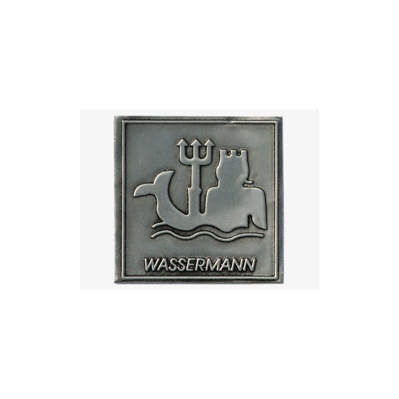 Etichetta in stagno 'Wassermann', quadrata, metallo, argento Etichetta in stagno 'Wassermann', quadrata, metallo, argento