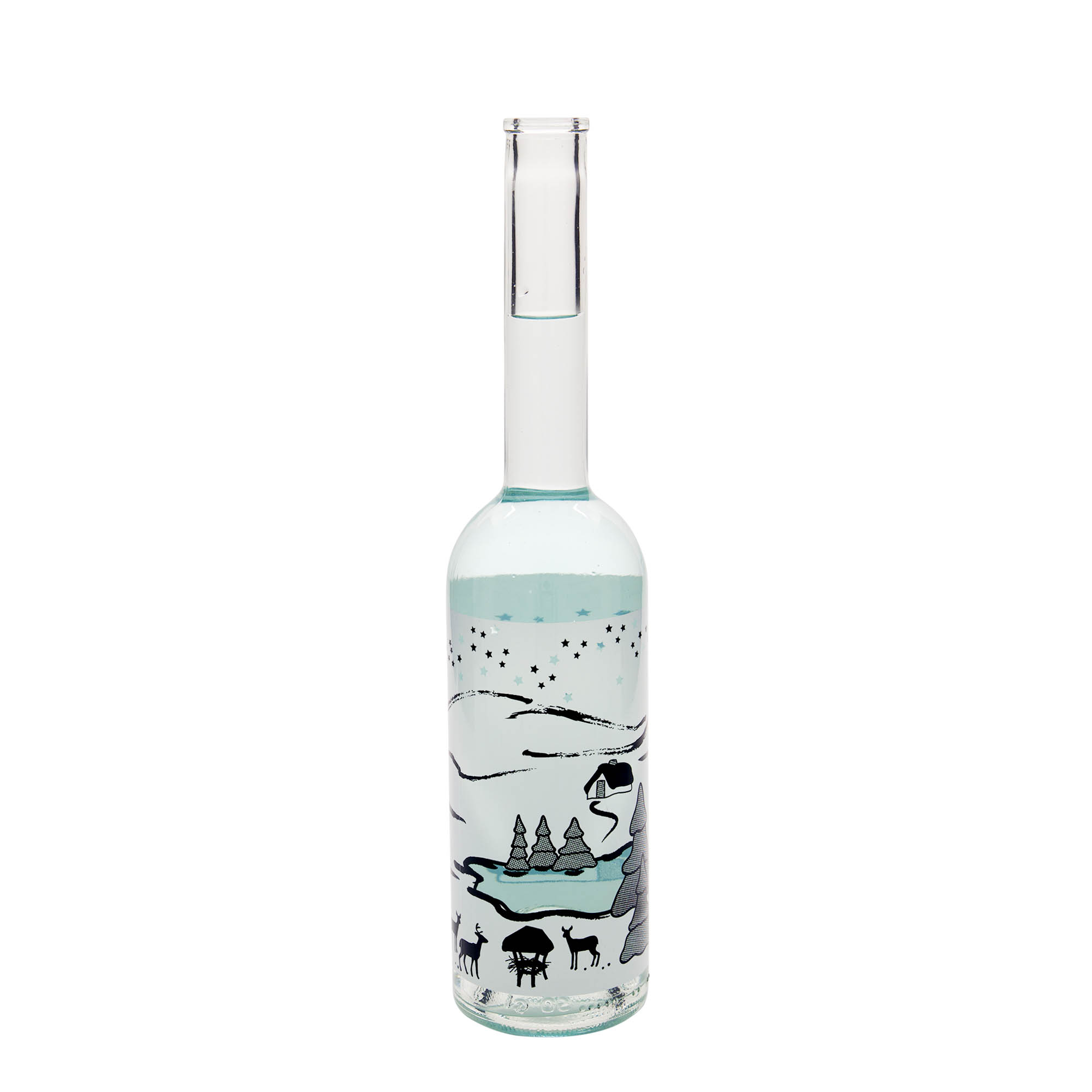 Bottiglia di vetro da 500 ml 'Opera', motivo: Sogno d'inverno-Bianco, bocca: tappo in sughero Bottiglia di vetro da 500 ml 'Opera', motivo: Sogno d'inverno-Bianco, bocca: tappo in sughero