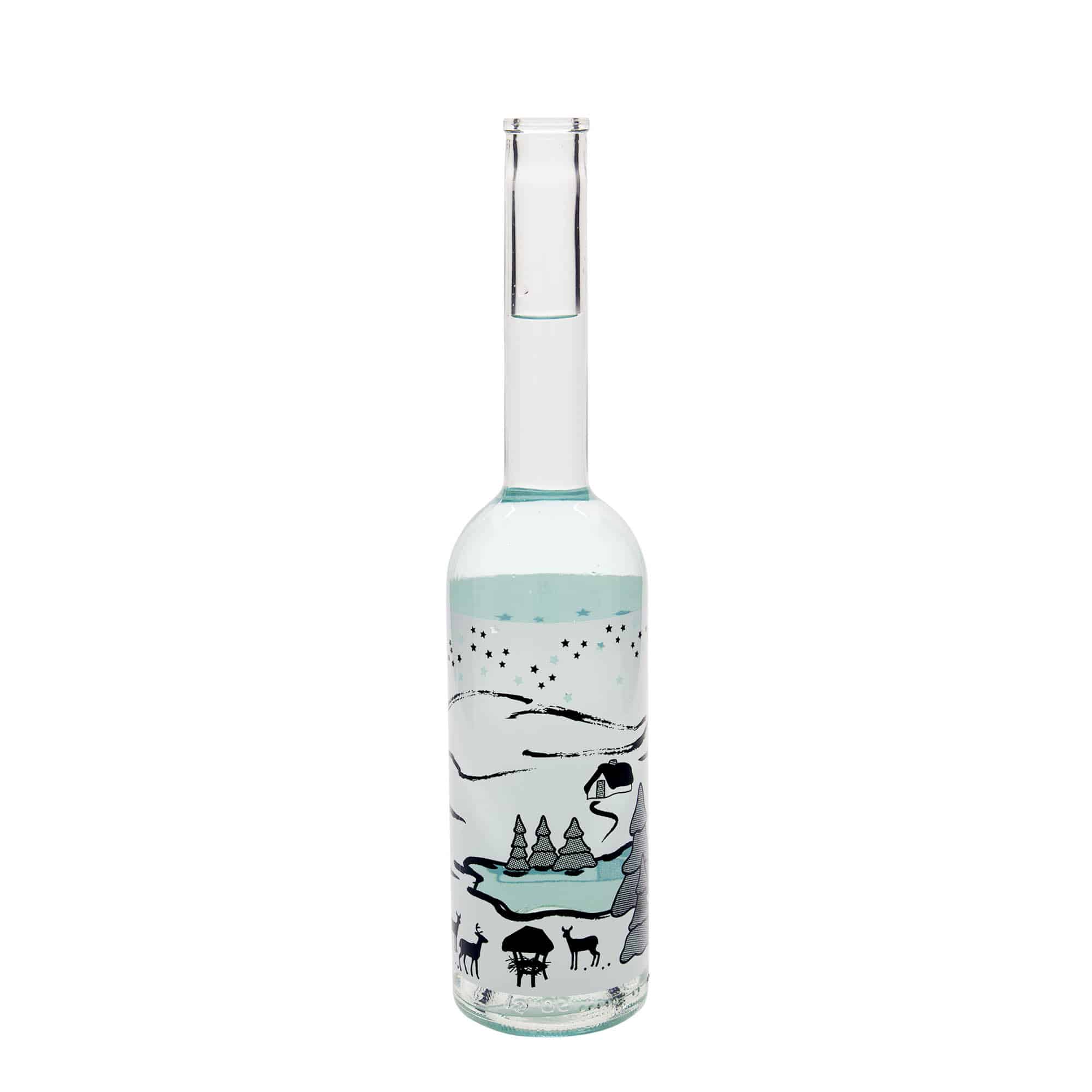 Bottiglia di vetro da 500 ml 'Opera', motivo: Sogno d'inverno-Bianco, bocca: tappo in sughero