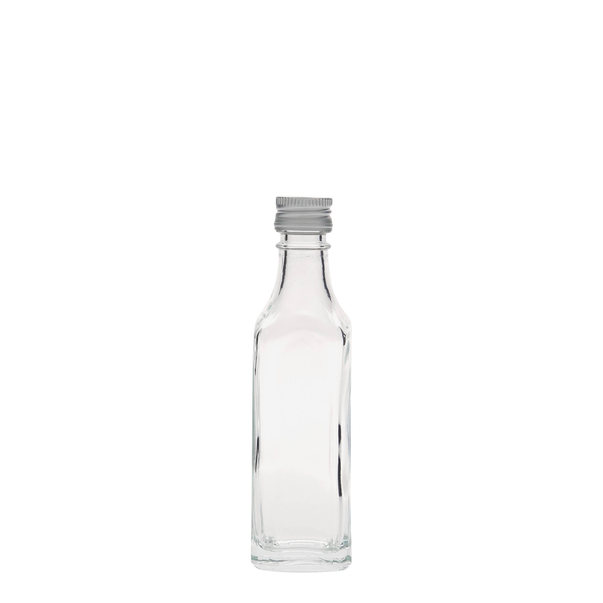 Bottiglia di vetro da 50 ml 'Siena', quadrata, bocca: PP 18 Bottiglia di vetro da 50 ml 'Siena', quadrata, bocca: PP 18