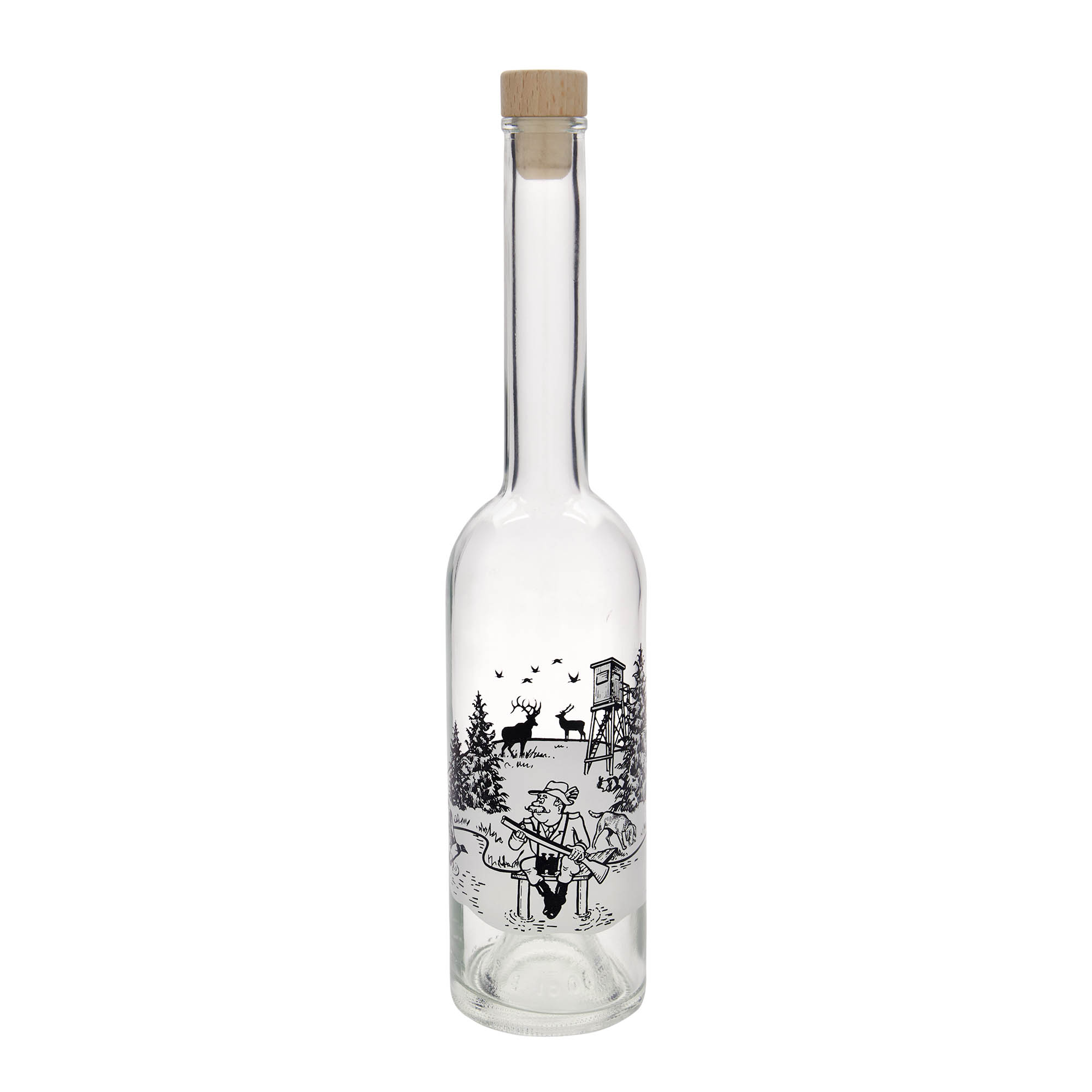 Bottiglia di vetro da 500 ml 'Opera', motivo: Cacciatore, bocca: tappo di sughero Bottiglia di vetro da 500 ml 'Opera', motivo: Cacciatore, bocca: tappo di sughero