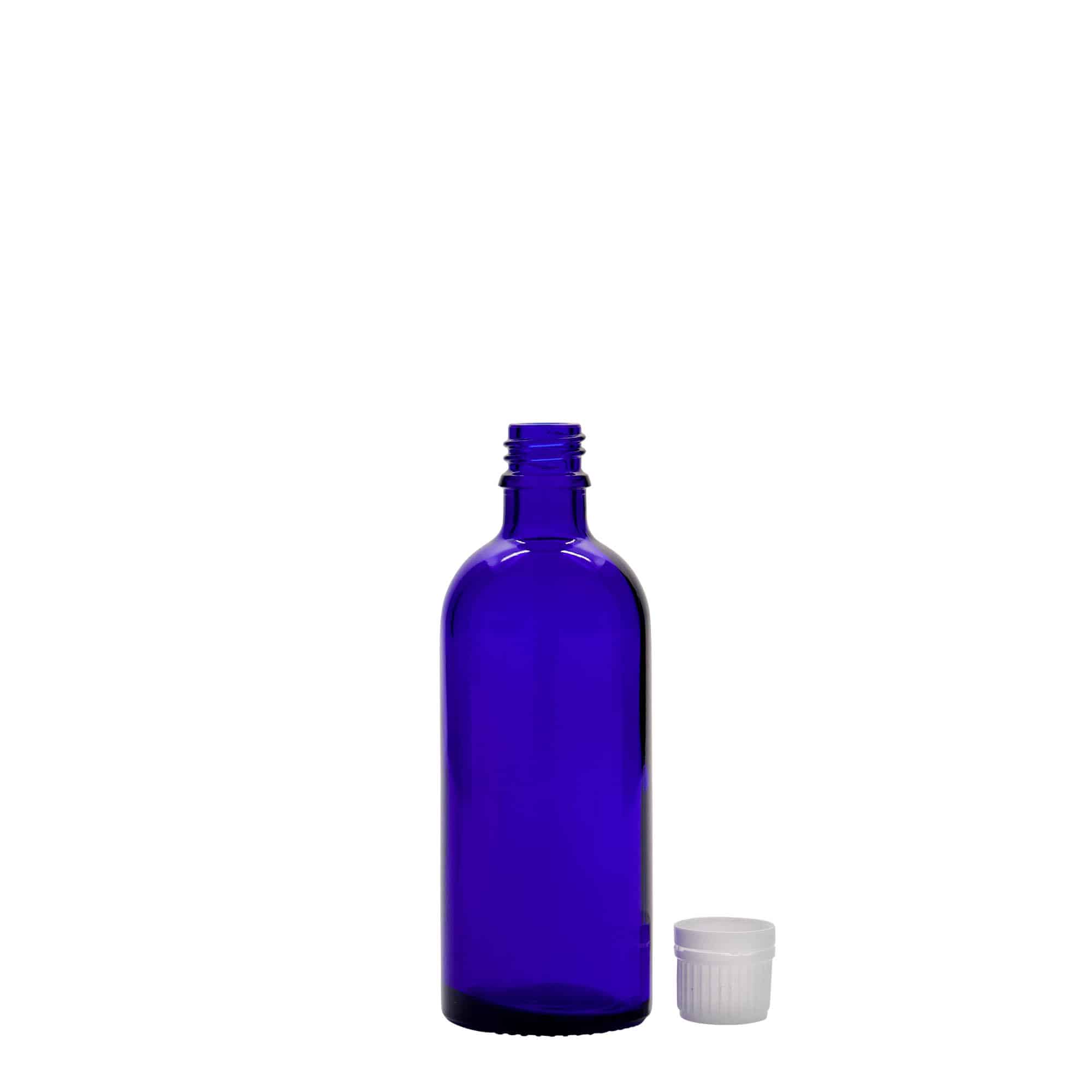 100 ml bottiglia medicinale, vetro, blu reale, bocca: DIN 18