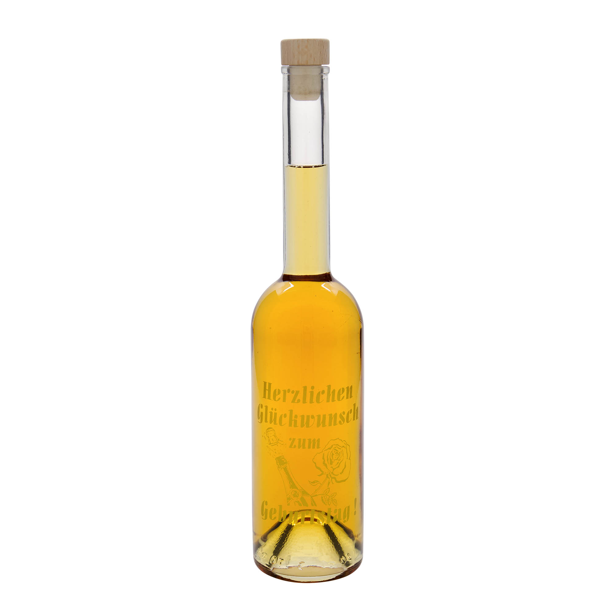 Bottiglia di vetro da 500 ml 'Opera', motivo: bottiglia di compleanno, bocca: tappo di sughero Bottiglia di vetro da 500 ml 'Opera', motivo: bottiglia di compleanno, bocca: tappo di sughero