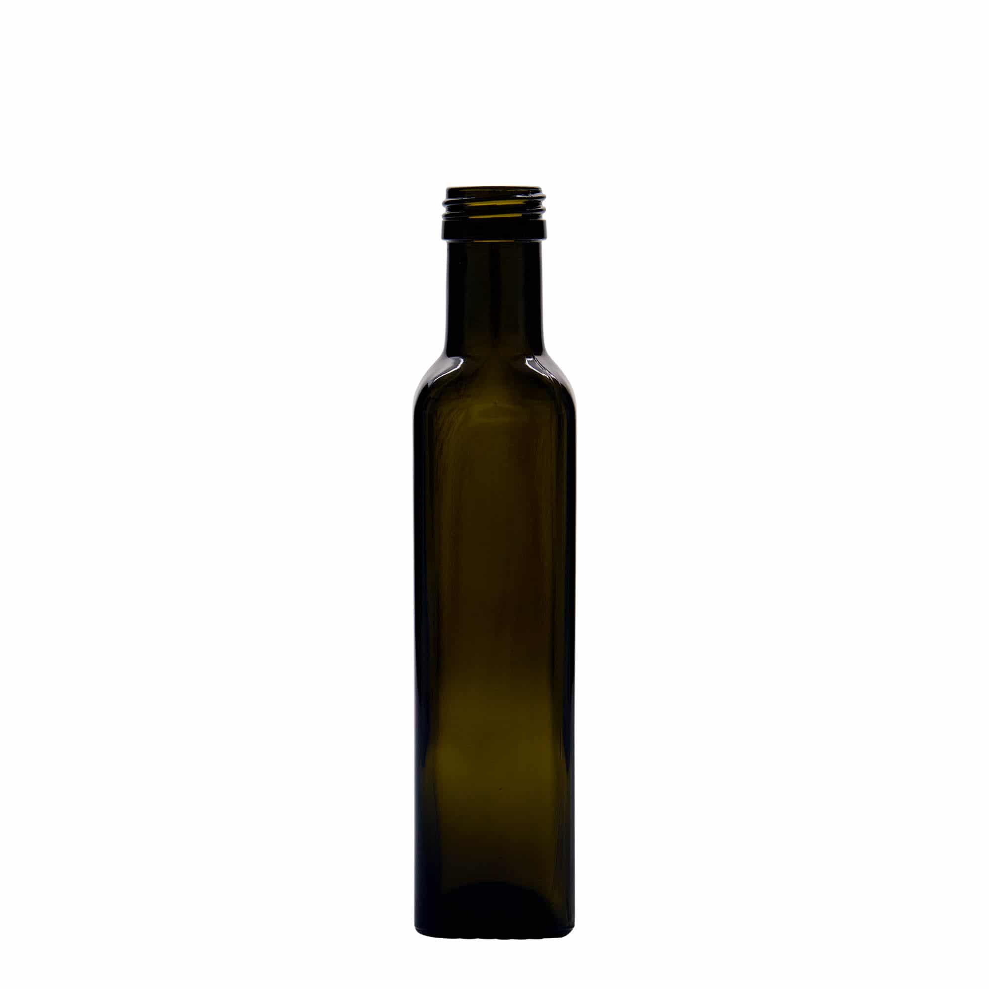 250 ml Bottiglia 'Marasca', vetro, quadrata, verde antico, imboccatura: PP 31,5