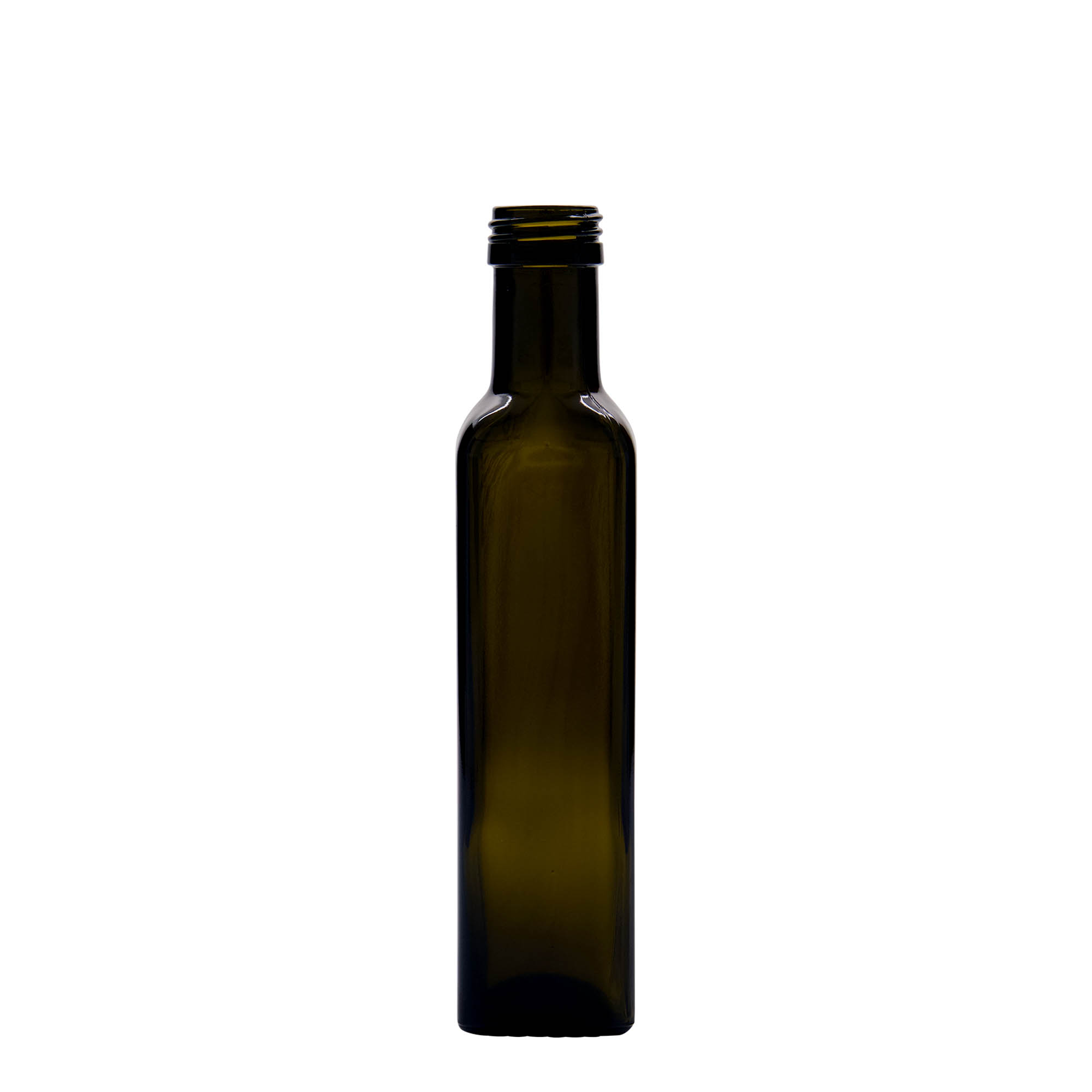 Bottiglia di vetro da 250 ml 'Marasca', quadrata, verde antico, bocca: PP 31,5 Bottiglia di vetro da 250 ml 'Marasca', quadrata, verde antico, bocca: PP 31,5