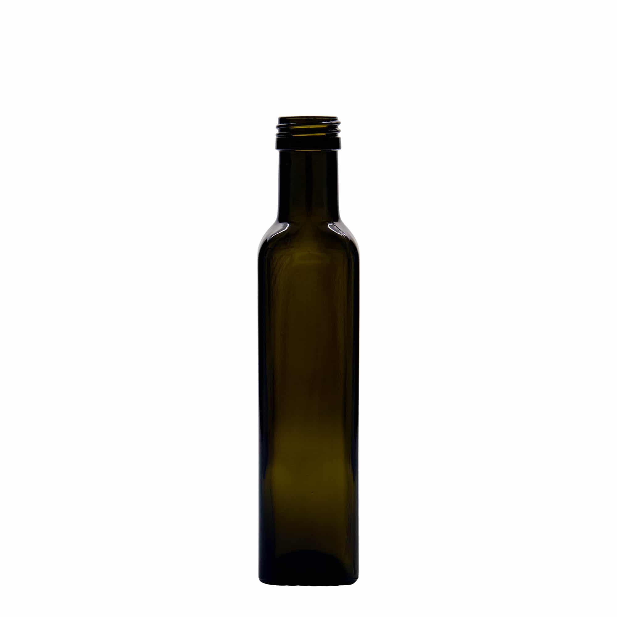 Bottiglia di vetro da 250 ml 'Marasca', quadrata, verde antico, bocca: PP 31,5