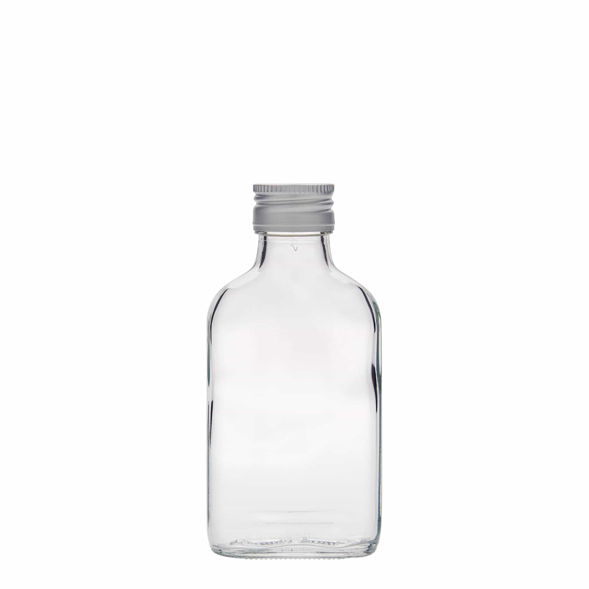 100 ml Fiaschetta tascabile, rettangolare, vetro, in vetro, imboccatura: PP 28