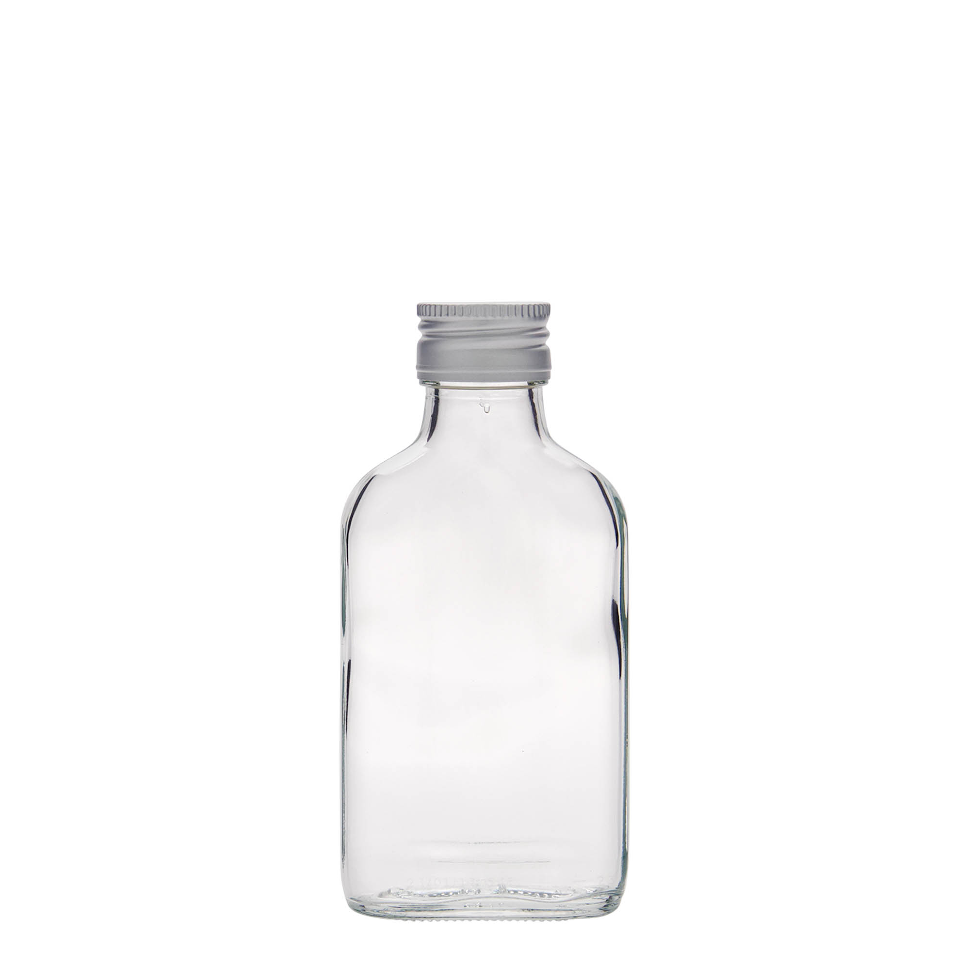 Bottiglia tascabile 100 ml, rettangolare, vetro, bocca: PP 28 Bottiglia tascabile 100 ml, rettangolare, vetro, bocca: PP 28