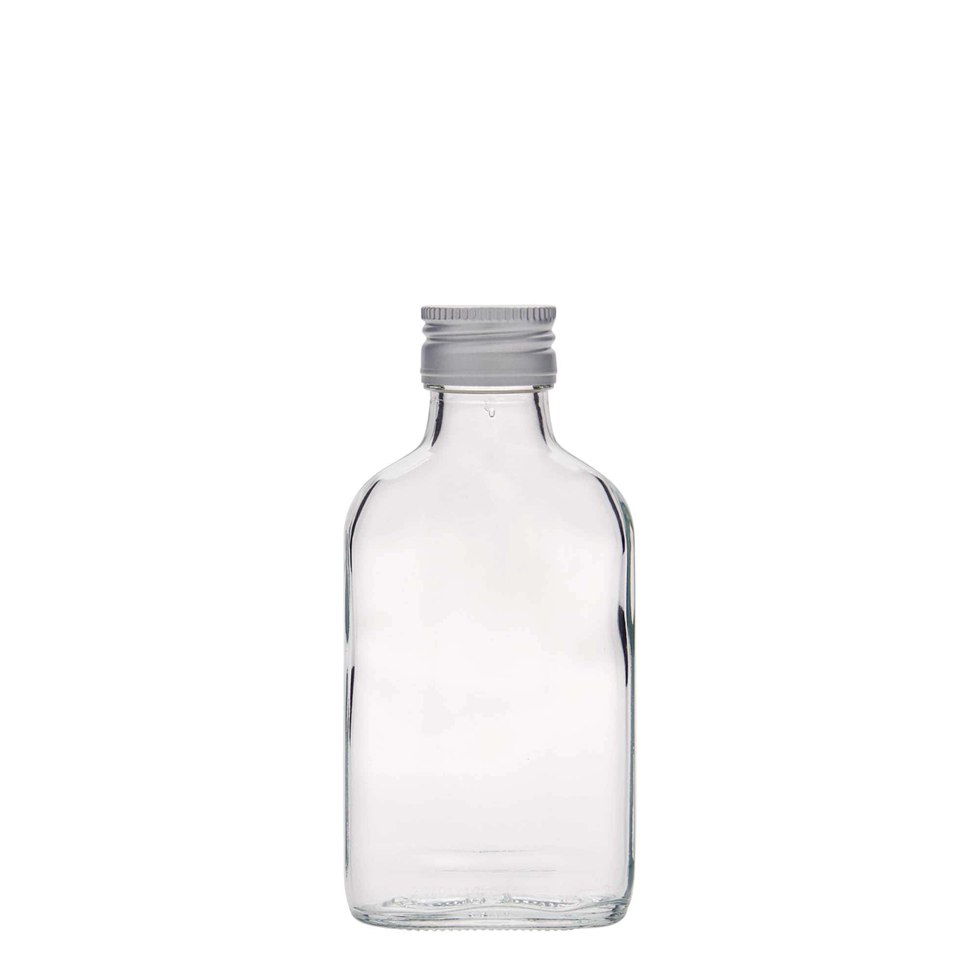 Bottiglia tascabile 100 ml, rettangolare, vetro, bocca: PP 28