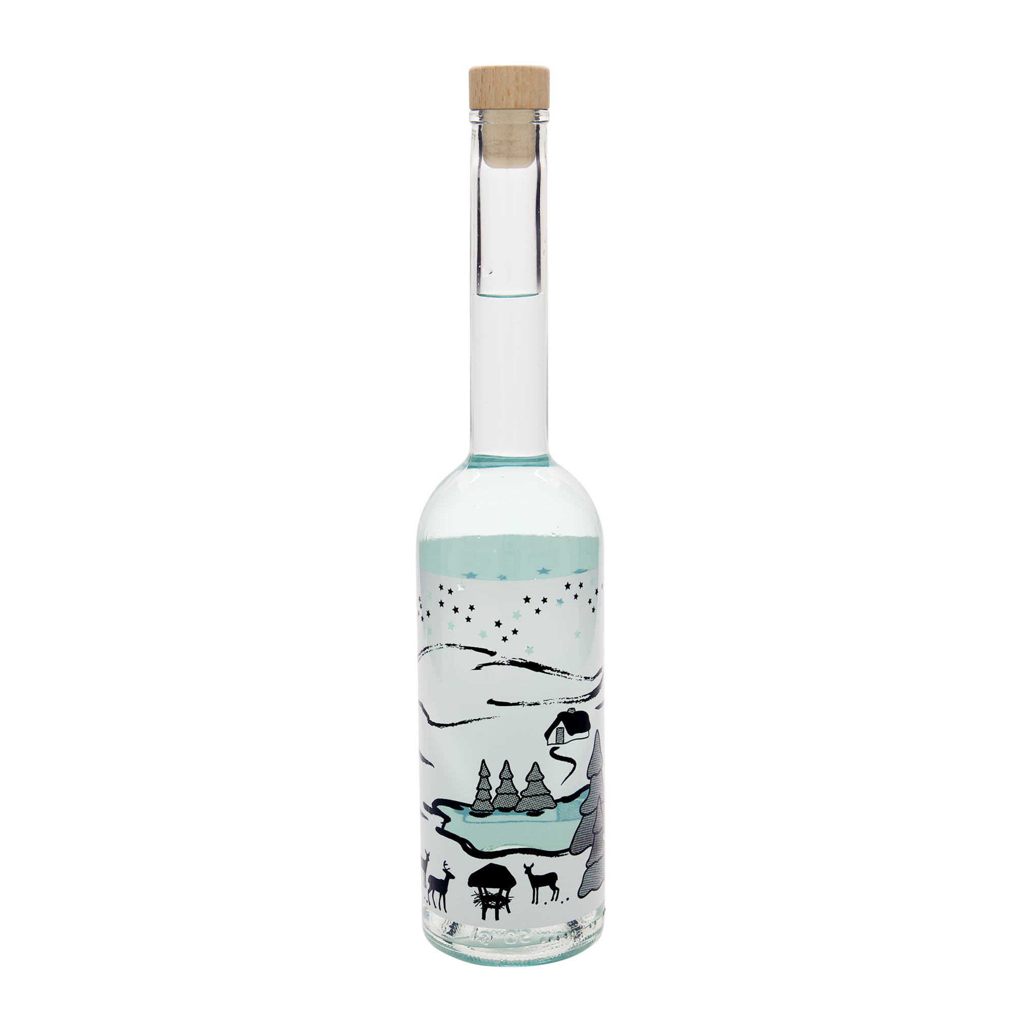 Bottiglia di vetro da 500 ml 'Opera', motivo: Sogno d'inverno-Bianco, bocca: tappo in sughero Bottiglia di vetro da 500 ml 'Opera', motivo: Sogno d'inverno-Bianco, bocca: tappo in sughero