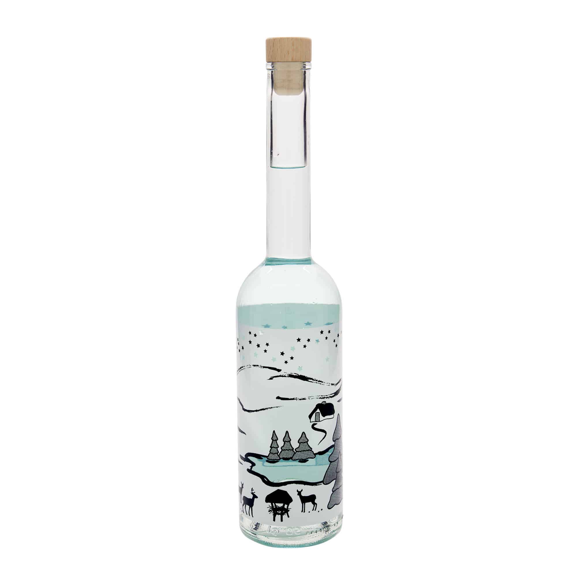 Bottiglia di vetro da 500 ml 'Opera', motivo: Sogno d'inverno-Bianco, bocca: tappo in sughero
