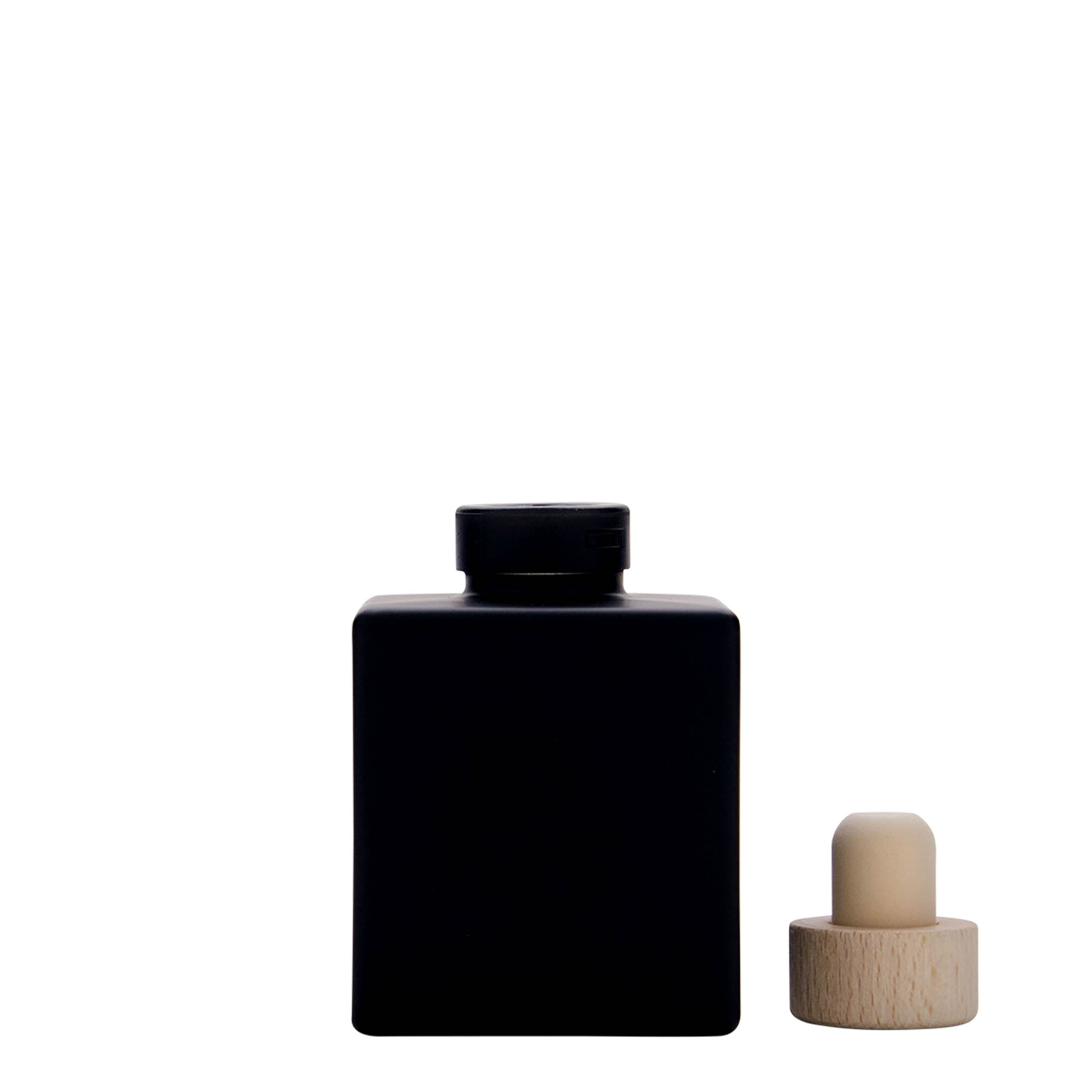 Bottiglia di vetro da 100 ml 'Cube', quadrata, nera, bocca: sughero Bottiglia di vetro da 100 ml 'Cube', quadrata, nera, bocca: sughero