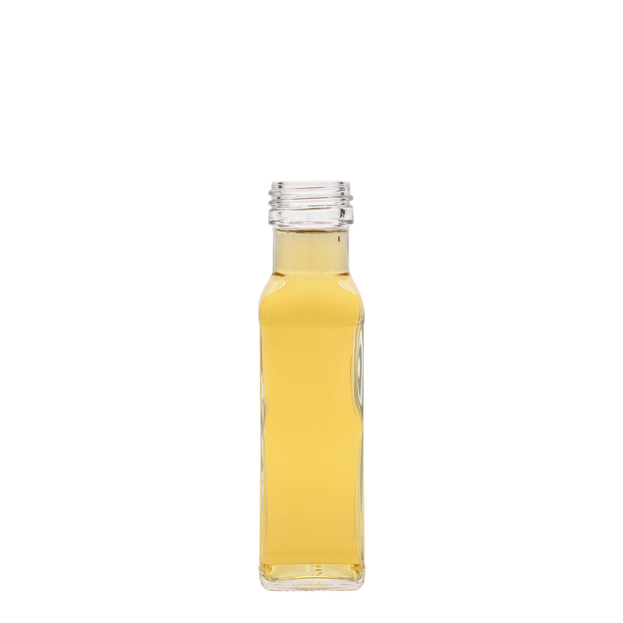 Bottiglia di vetro da 100 ml 'Marasca', quadrata, bocca: PP 31,5 Bottiglia di vetro da 100 ml 'Marasca', quadrata, bocca: PP 31,5