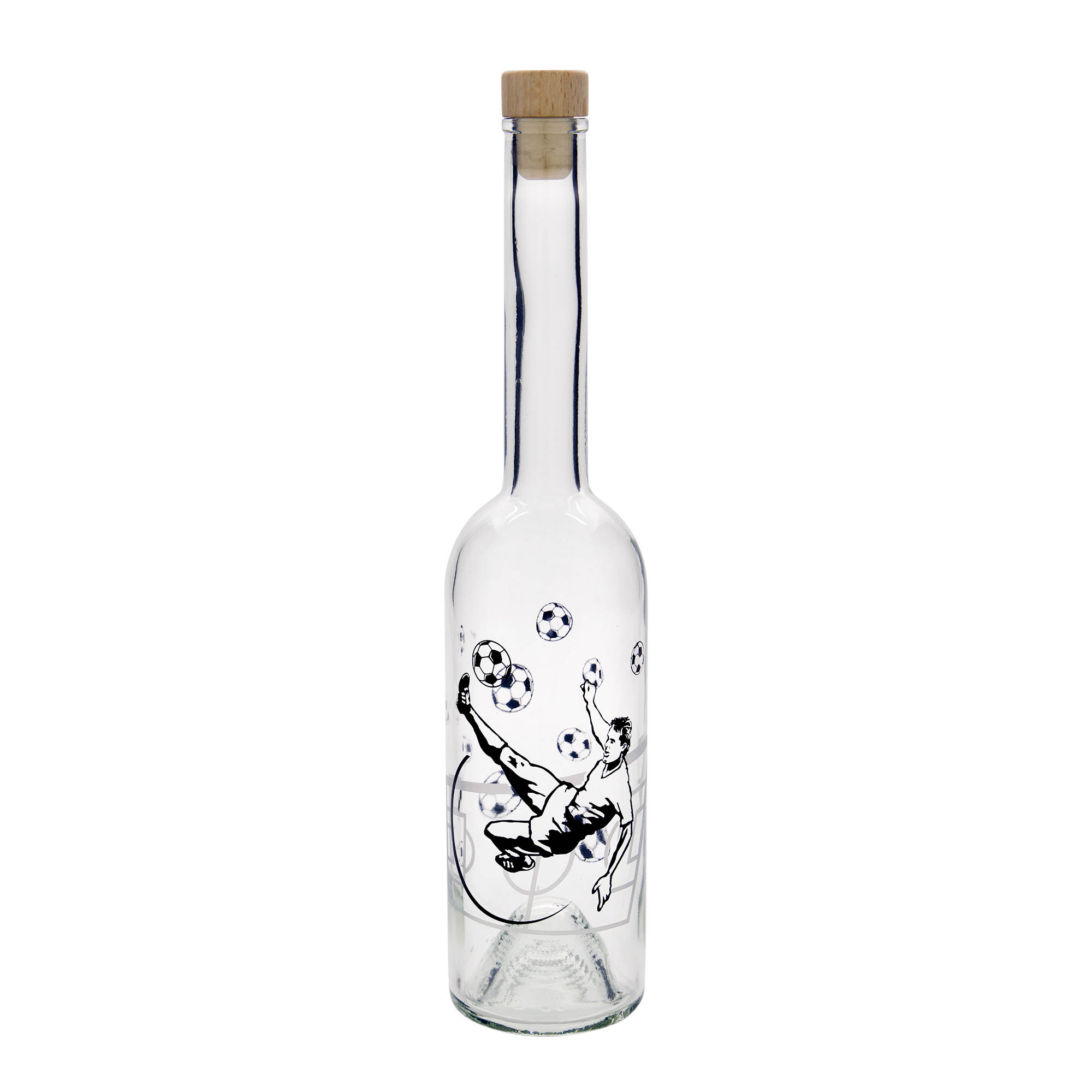 Bottiglia di vetro da 500 ml 'Opera', motivo: giocatore di calcio, bocca: tappo in sughero Bottiglia di vetro da 500 ml 'Opera', motivo: giocatore di calcio, bocca: tappo in sughero